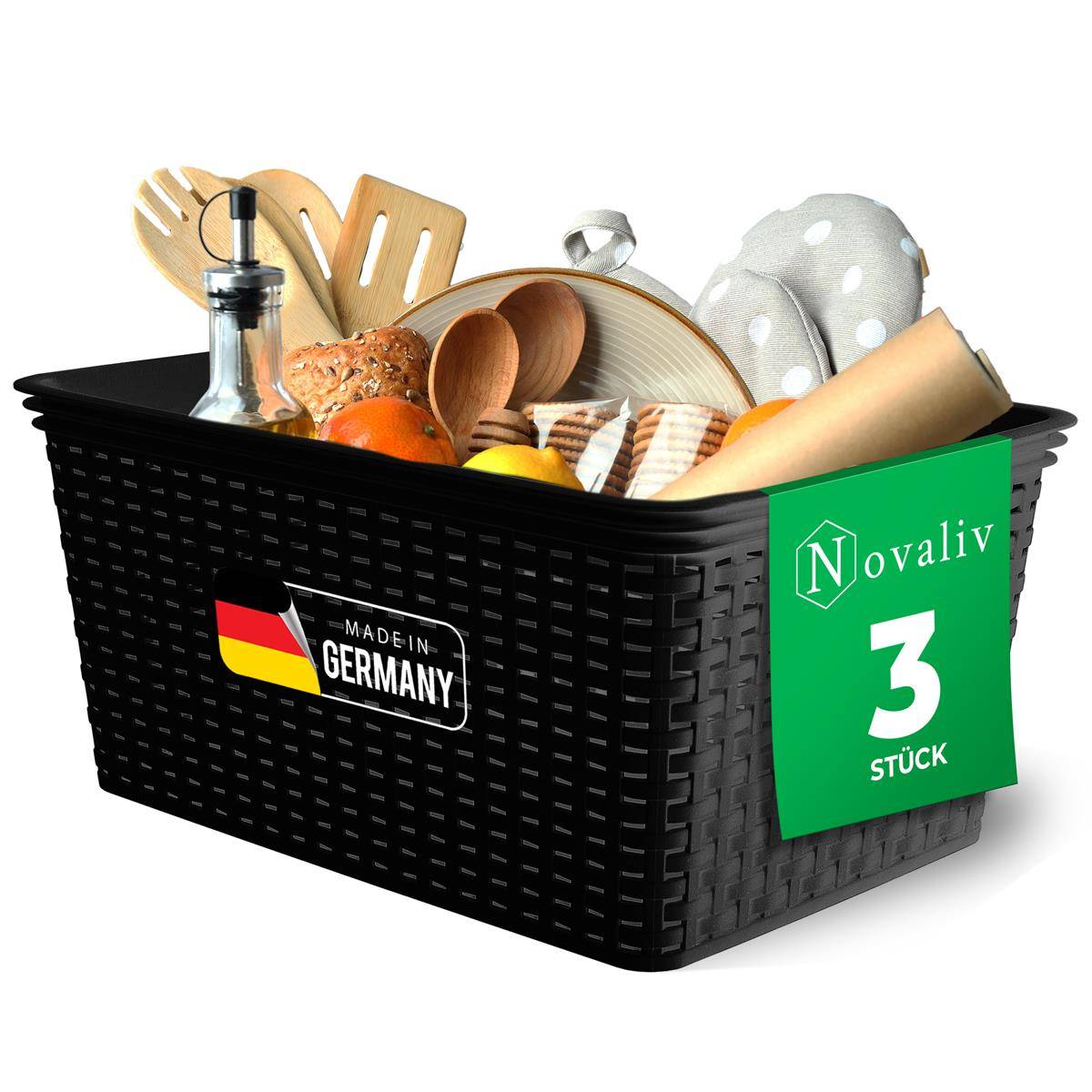 Novaliv 3er Set Lebensmittelechte Körbe Küche Aufbewahrung 14L Schwarz Kunststoff Rattan-Optik Küche Aufbewahrung & Organisation BPA-Freie Lebensmi