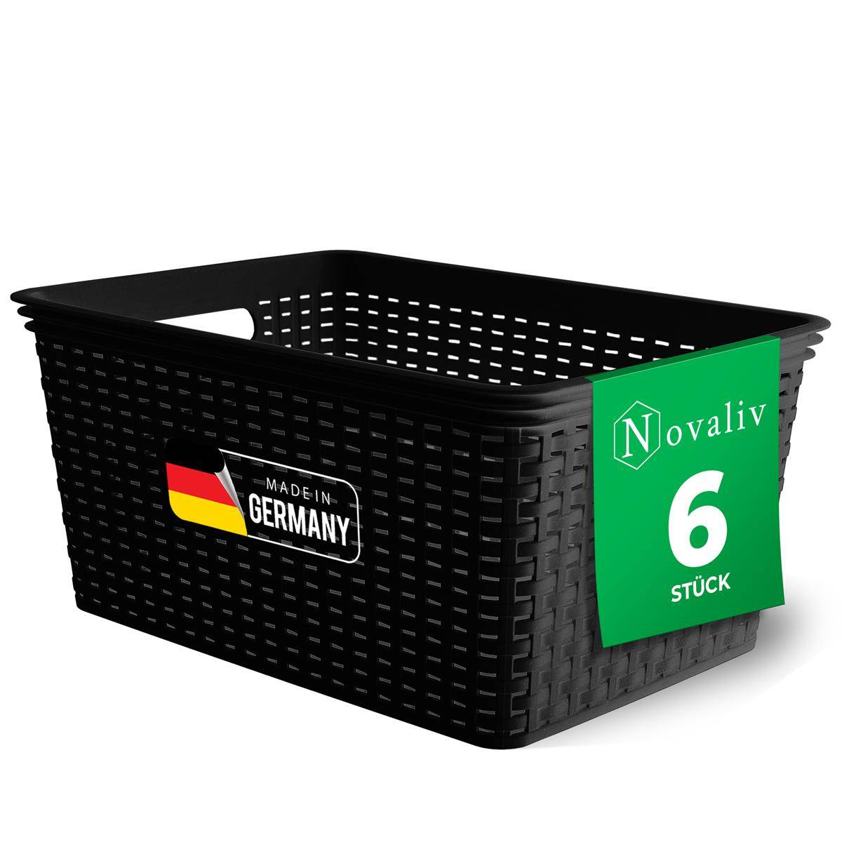 Novaliv 6x Aufbewahrungskorb in Rattan-Optik ohne Deckel | Schwarz Kunststoff 14L Nestbar Storage boxes BPA-frei Ideale Aufbewahrungsbox Organizer
