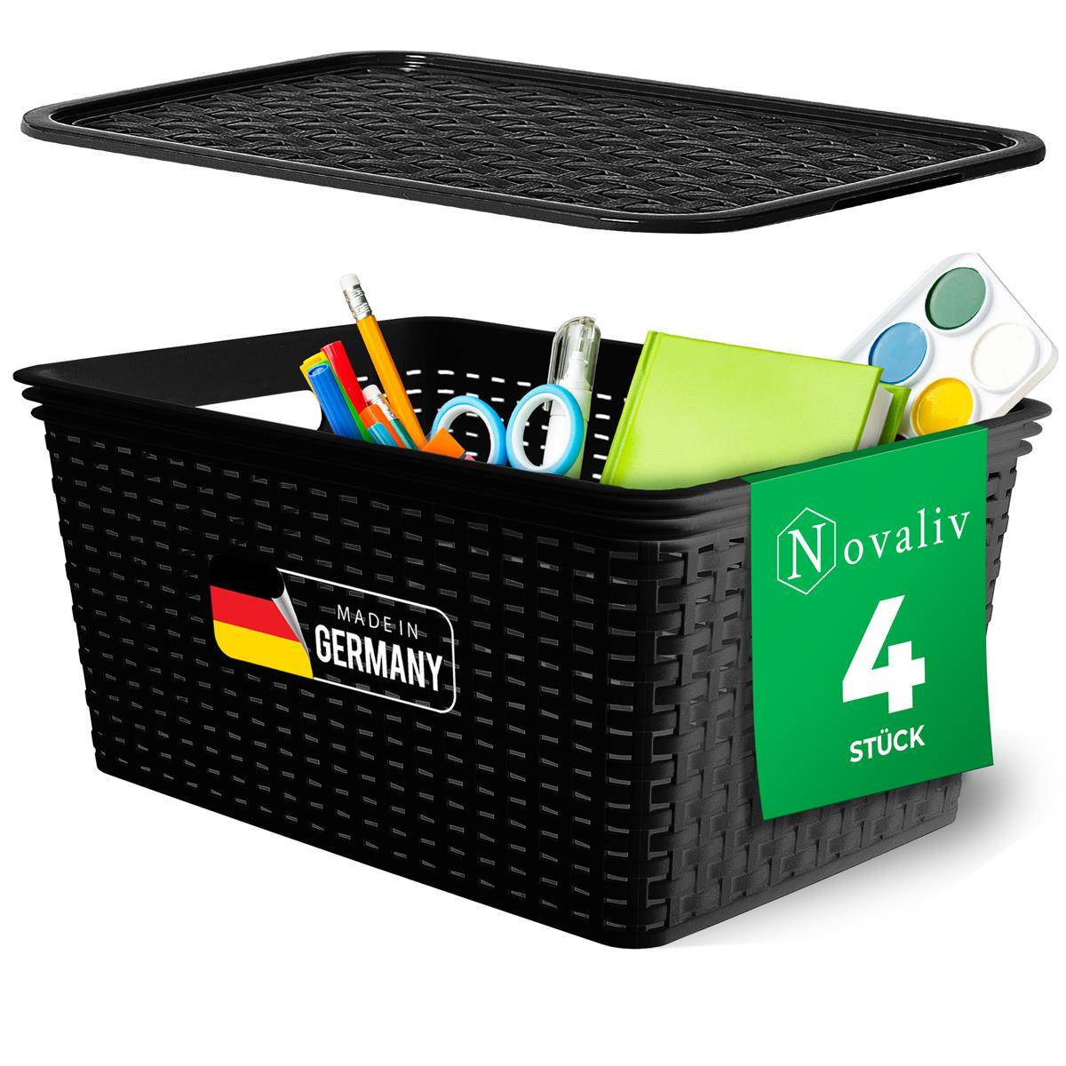 Novaliv 4er Set Elegante Aufbewahrungskörbe mit Deckel in Rattan-Optik | Schwarz Lebensmittelecht Kunststoff 14L – für Büro und Zuhause. Vielseit