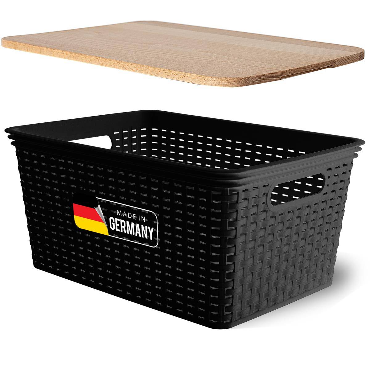 Novaliv Aufbewahrungsbox mit Holzdeckel Groß 14L Korb Schwarz in Rattan Design Lebensmittelecht Aufbewahrungskorb Stapelbox Nestbar Kunststoff