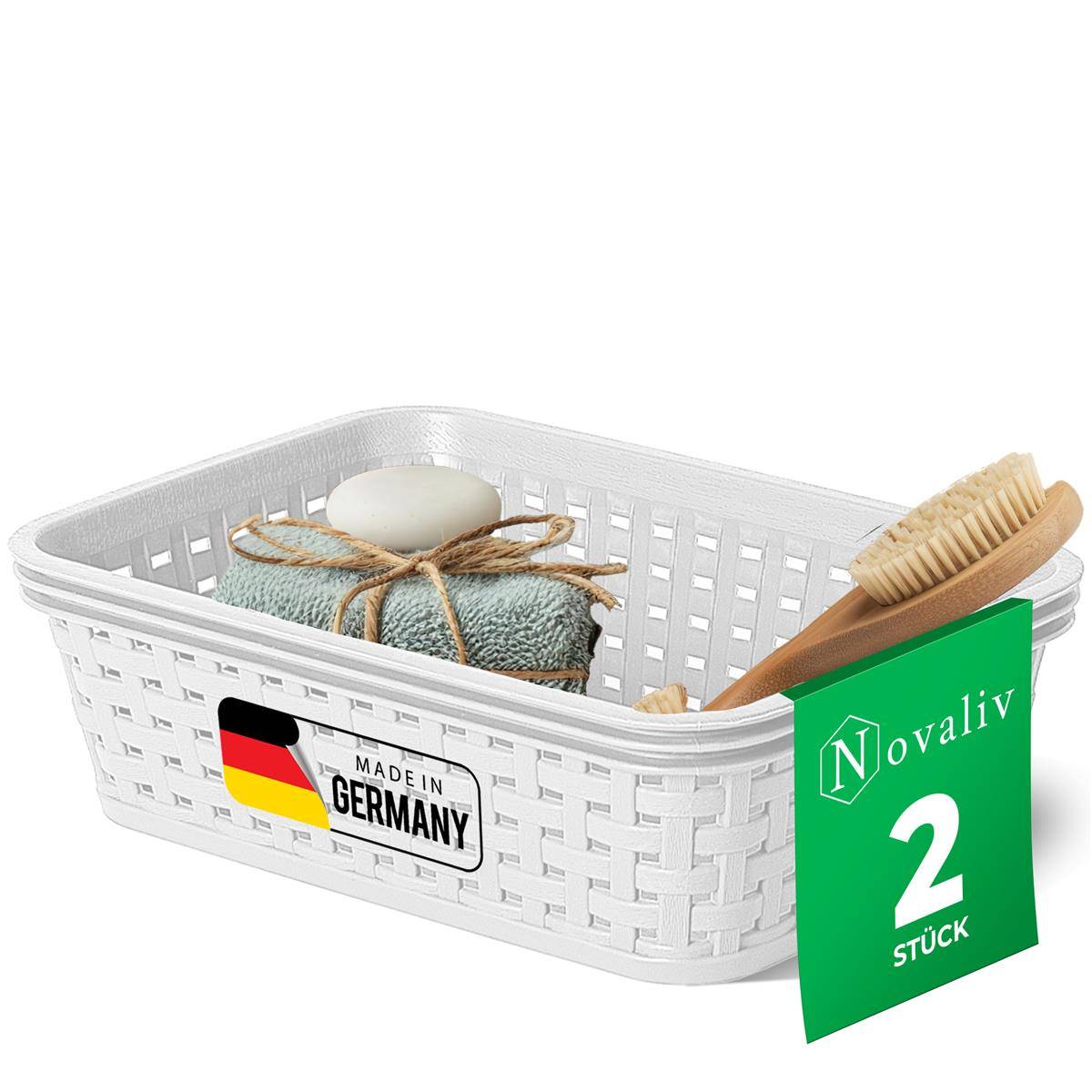Novaliv 2 Stück Eleganter Aufbewahrungskorb in Rattan-Optik | Weiß Kunststoff 1L – Perfekt für Bad & Kleidungsaufbewahrung. Aufbewahrungsbox Bade