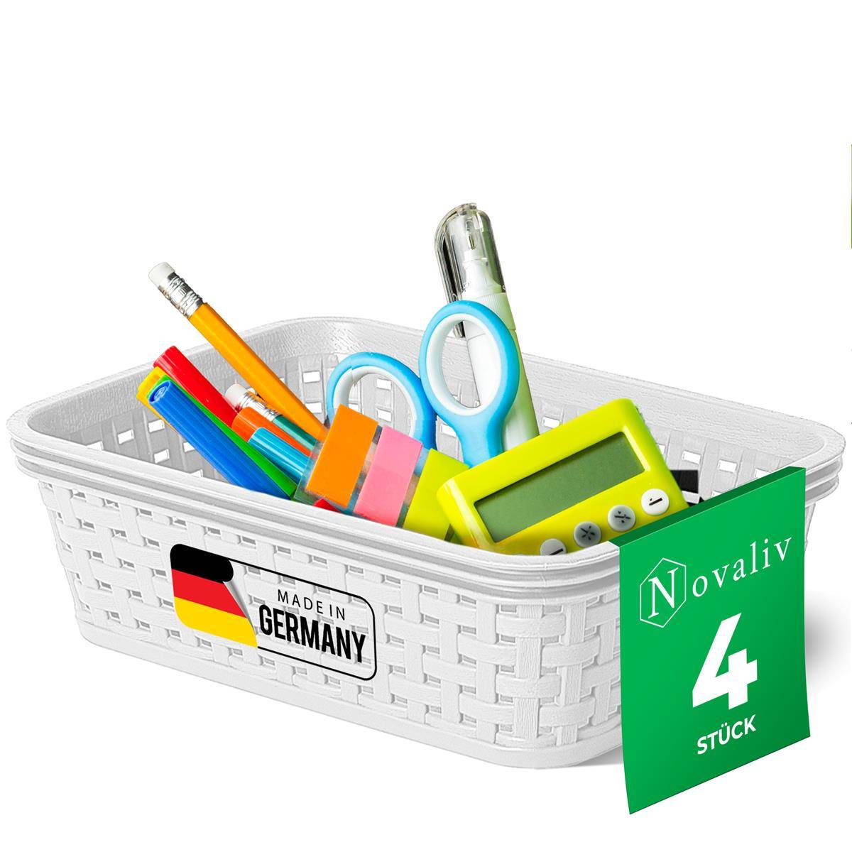 Novaliv 4 Stück Elegante Aufbewahrungskörbe in Rattan-Optik | Weiß Kunststoff 1L – für Büro und Zuhause. Vielseitige Kisten zur Aufbewahrung. I