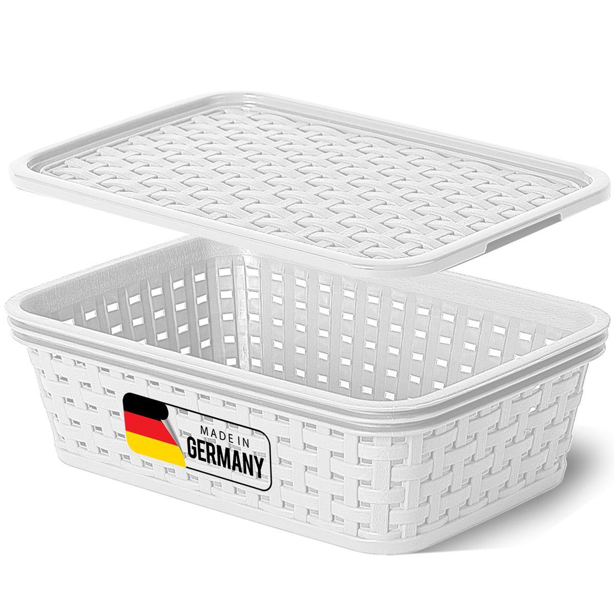 Novaliv Aufbewahrungsbox mit Deckel Mini 1L Korb Weiß in Rattan Design Lebensmittelecht Aufbewahrungskorb Stapelbox Nestbar Kunststoff BPA-frei