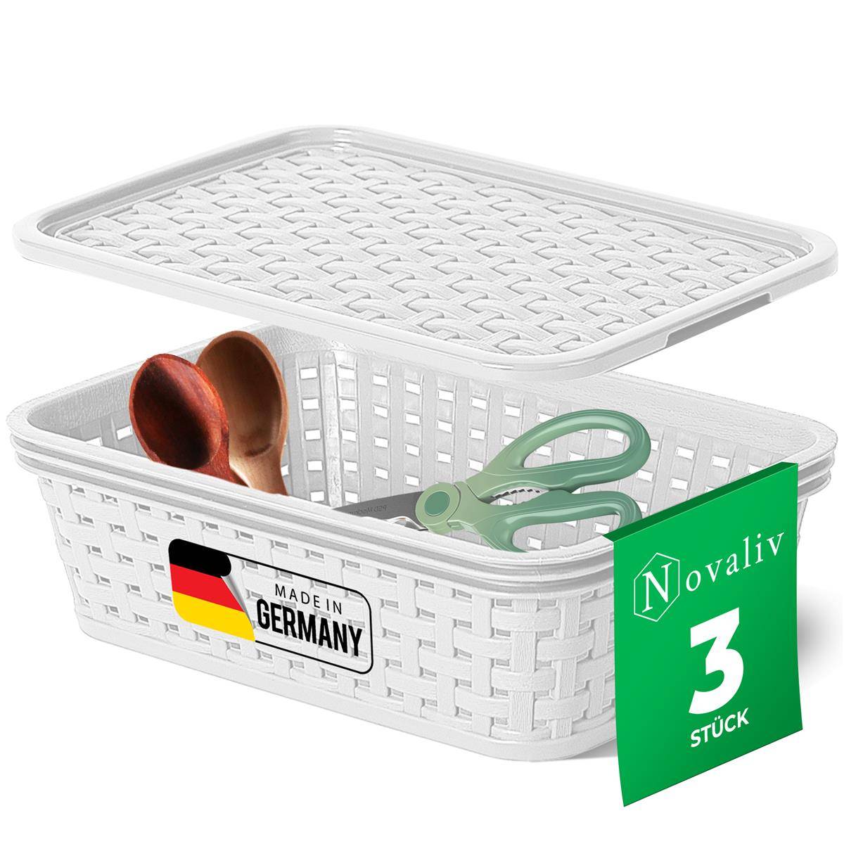 Novaliv 3er Set Aufbewahrungsbox mit Deckel Küche 1L Weiß Kunststoff Rattan-Optik Küche Aufbewahrung & Organisation BPA-Freie Schrank Organizer Ord