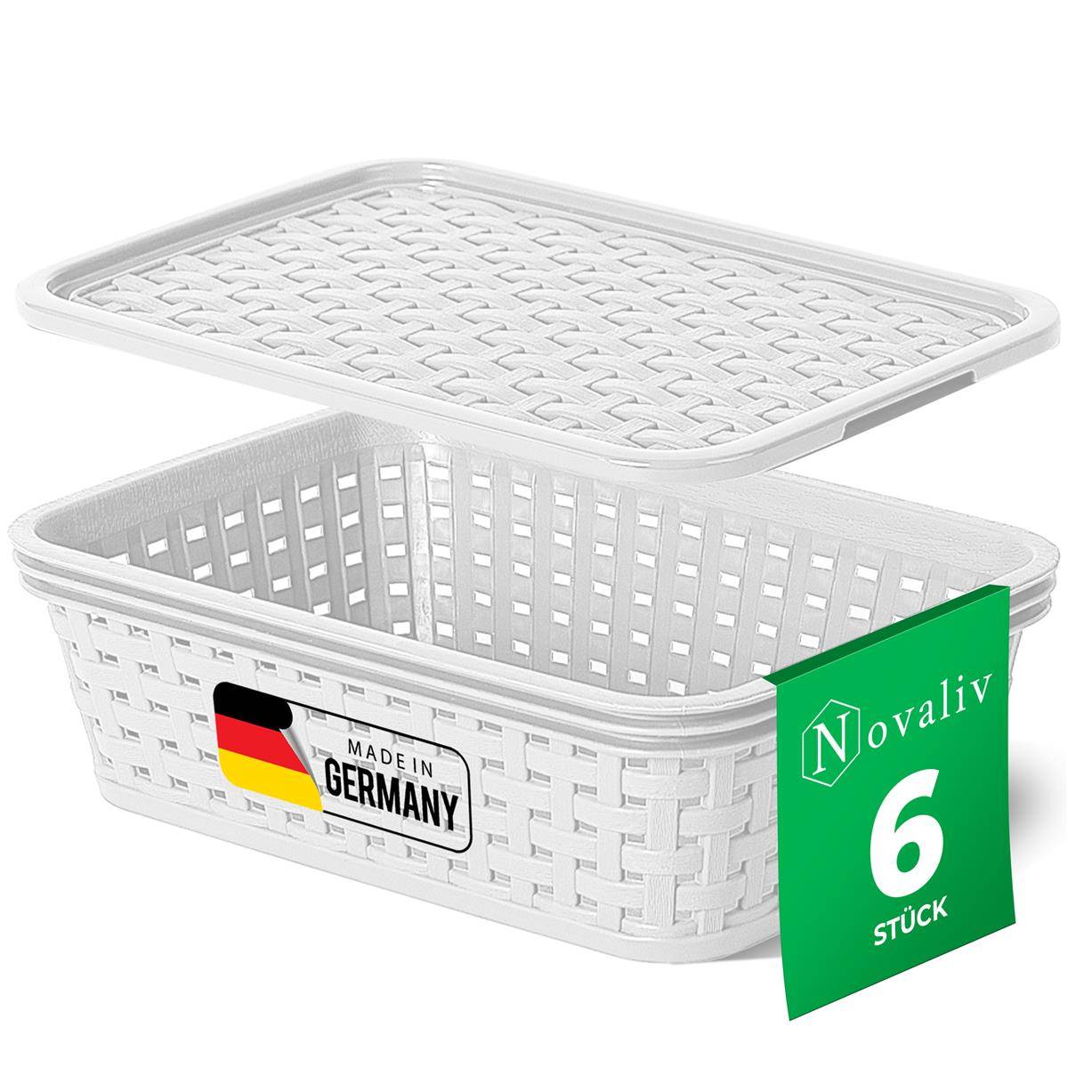 Novaliv 6er Set Aufbewahrungsboxen mit Deckel Mini 1L Korb Weiß in Rattan Design Lebensmittelecht Aufbewahrungskorb Stapelboxen Nestbar Kunststoff