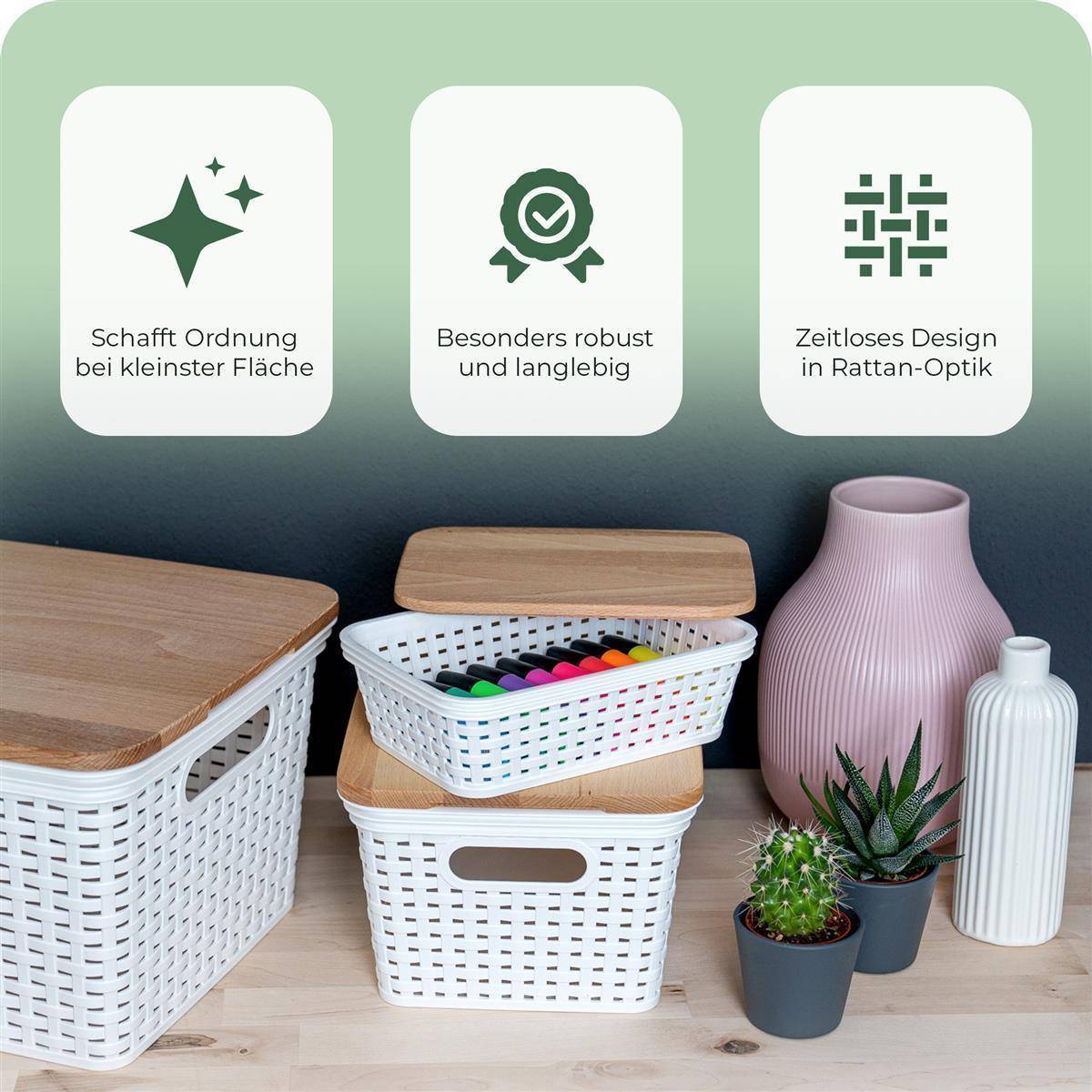 Novaliv 6x Aufbewahrungskorb in Rattan-Optik ohne Deckel | Weiß Kunststoff 1L Nestbar Storage boxes BPA-frei Ideale Aufbewahrungsbox Organizer Box