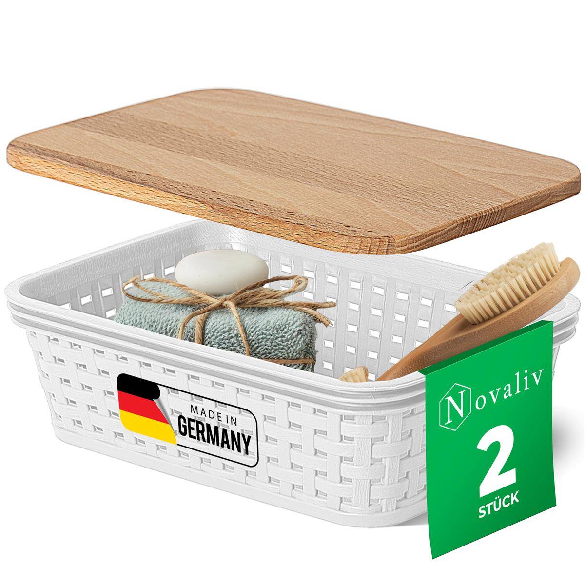 Novaliv 2er Set Eleganter Aufbewahrungskorb mit Holzdeckel in Rattan-Optik | Weiß Lebensmittelecht Kunststoff 1L – Perfekt für Bad & Kleidungsaufb