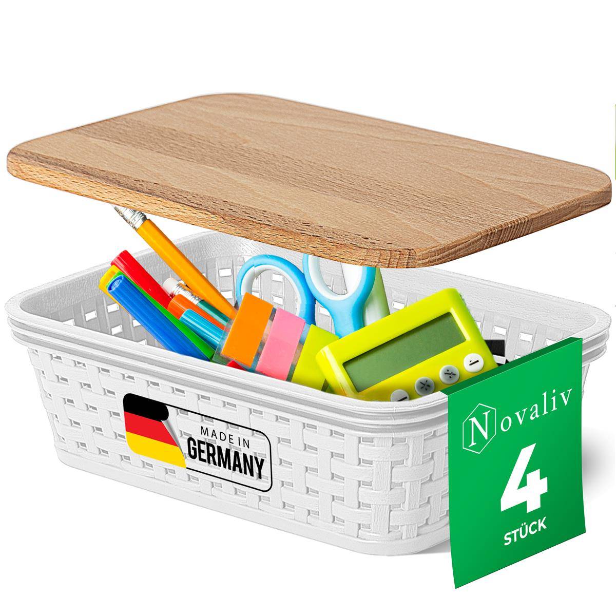 Novaliv 4er Set Elegante Aufbewahrungskörbe mit Holzdeckel Rattan-Optik | Weiß Lebensmittelecht Kunststoff 1L – für Büro und Zuhause. Vielseitig