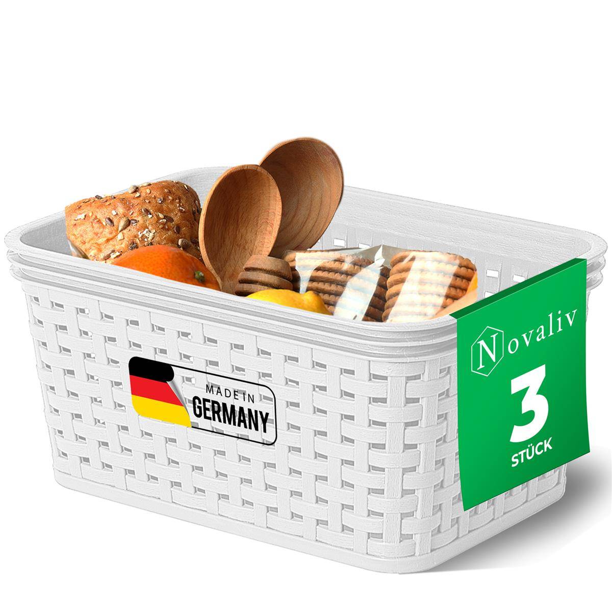 Novaliv 3er Set Lebensmittelechte Körbe Küche Aufbewahrung 2L Weiß Kunststoff Rattan-Optik Küche Aufbewahrung & Organisation BPA-Freie Lebensmitte