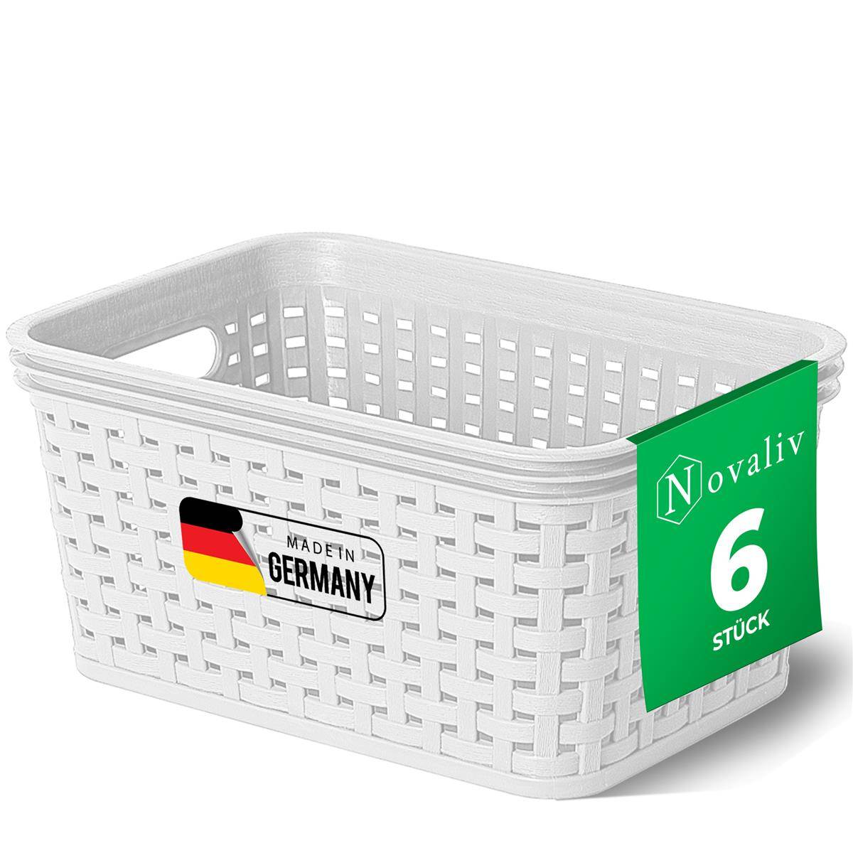 Novaliv 6x Aufbewahrungskorb in Rattan-Optik ohne Deckel | Weiß Kunststoff 2L Nestbar Storage boxes BPA-frei Ideale Aufbewahrungsbox Organizer Box