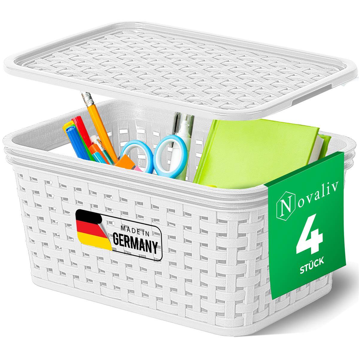 Novaliv 4er Set Elegante Aufbewahrungskörbe mit Deckel in Rattan-Optik | Weiß Lebensmittelecht Kunststoff 2L – für Büro und Zuhause. Vielseitige