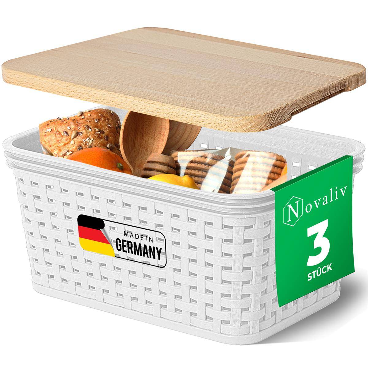 Novaliv 3er Set Aufbewahrungsbox mit Holzdeckel Küche 2L Weiß Kunststoff Rattan-Optik Küche Aufbewahrung & Organisation BPA-Freie Schrank Organizer
