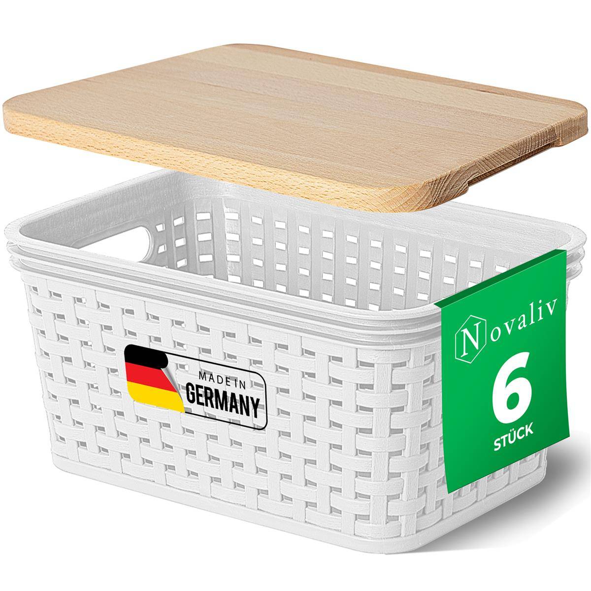 Novaliv 6er Set Aufbewahrungsboxen mit Holzdeckel Mini 2L Korb Weiß in Rattan Design Lebensmittelecht Aufbewahrungskorb Stapelboxen Nestbar
