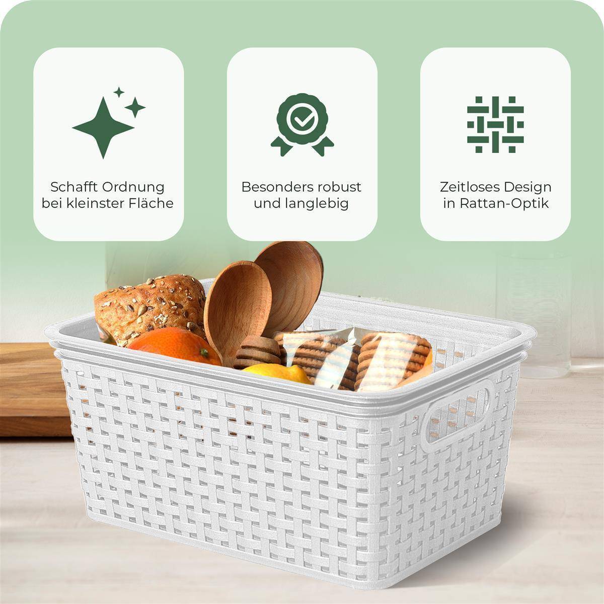 Novaliv 6er Set Aufbewahrungsboxen mit Holzdeckel Klein 5L Korb Weiß in Rattan Design Lebensmittelecht Aufbewahrungskorb Stapelboxen Nestbar