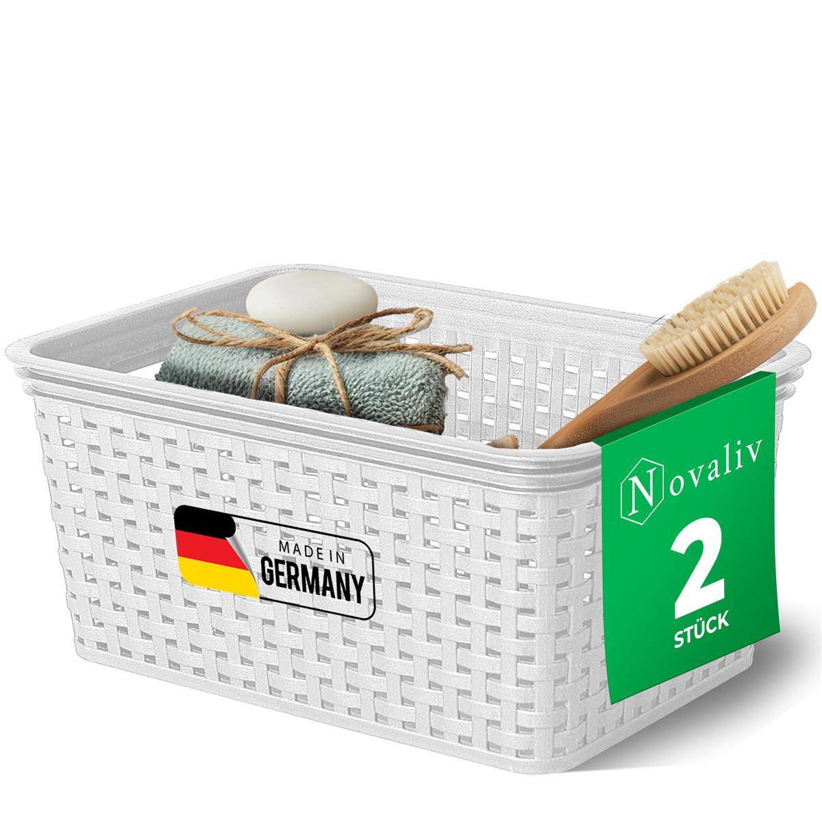 Novaliv 2 Stück Eleganter Aufbewahrungskorb in Rattan-Optik | Weiß Kunststoff 5L – Perfekt für Bad & Kleidungsaufbewahrung. Aufbewahrungsbox Bade