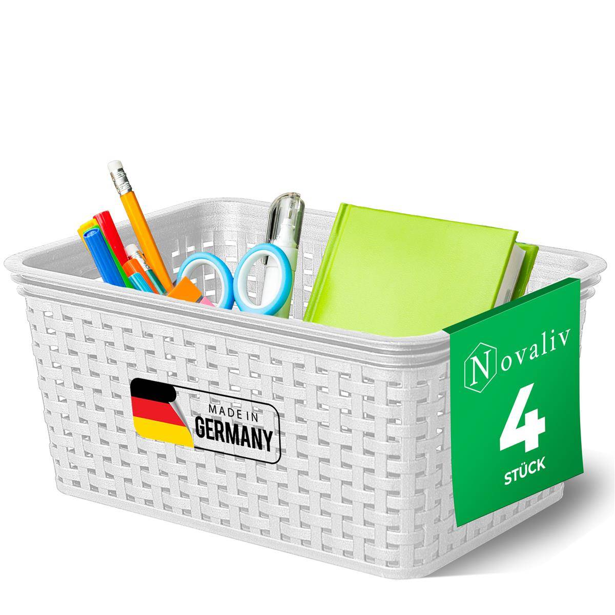 Novaliv 4 Stück Elegante Aufbewahrungskörbe in Rattan-Optik | Weiß Kunststoff 5L – für Büro und Zuhause. Vielseitige Kisten zur Aufbewahrung. I