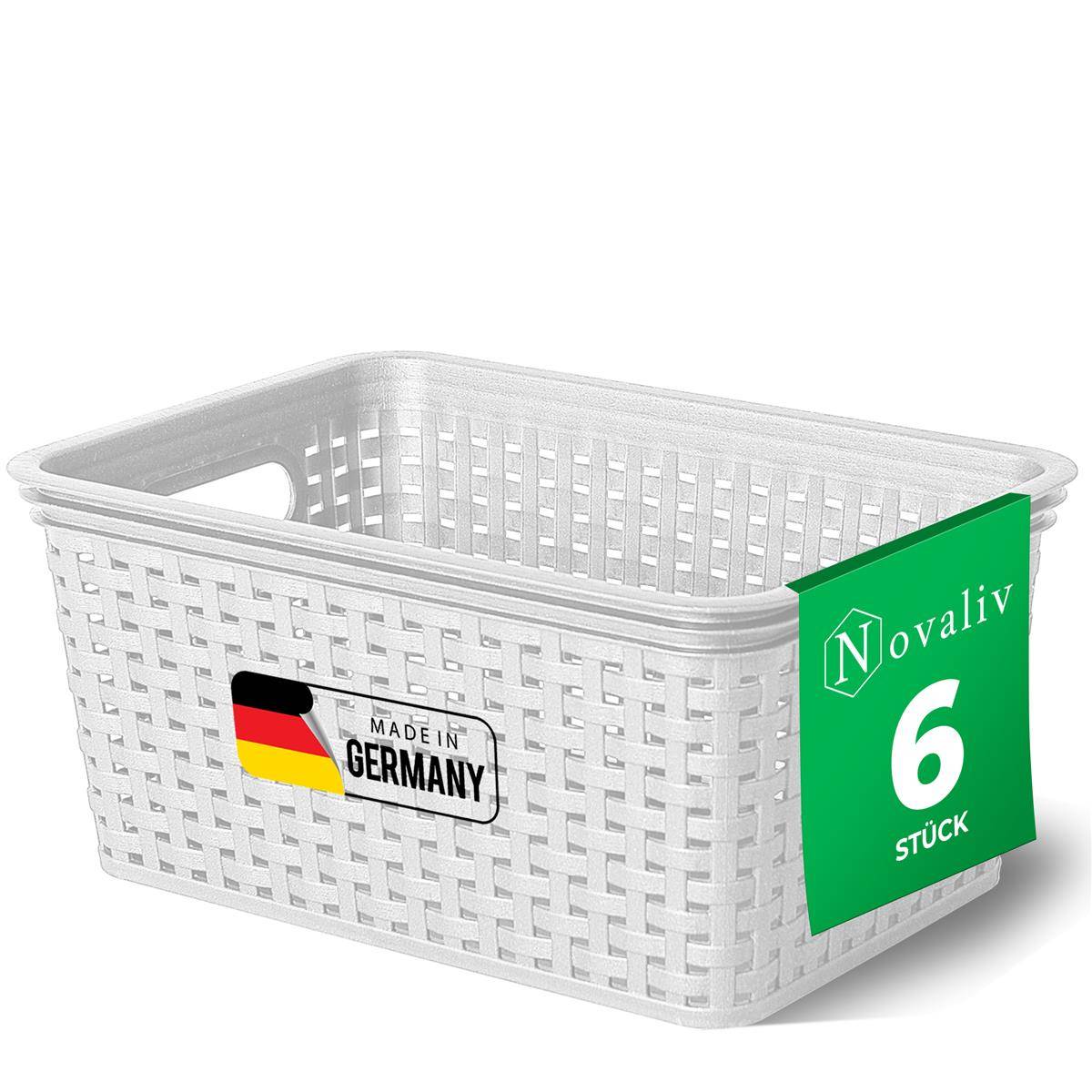 Novaliv 6x Aufbewahrungskorb in Rattan-Optik ohne Deckel | Weiß Kunststoff 5L Nestbar Storage boxes BPA-frei Ideale Aufbewahrungsbox Organizer Box