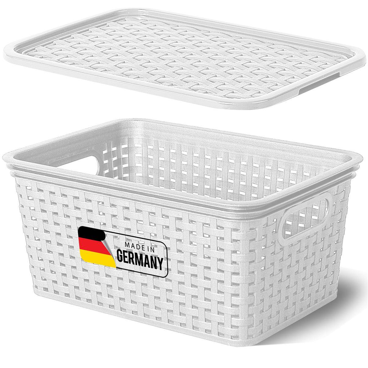 Novaliv Aufbewahrungsbox mit Deckel Klein 5L Korb Weiß in Rattan Design Lebensmittelecht Aufbewahrungskorb Stapelbox Nestbar Kunststoff BPA-frei