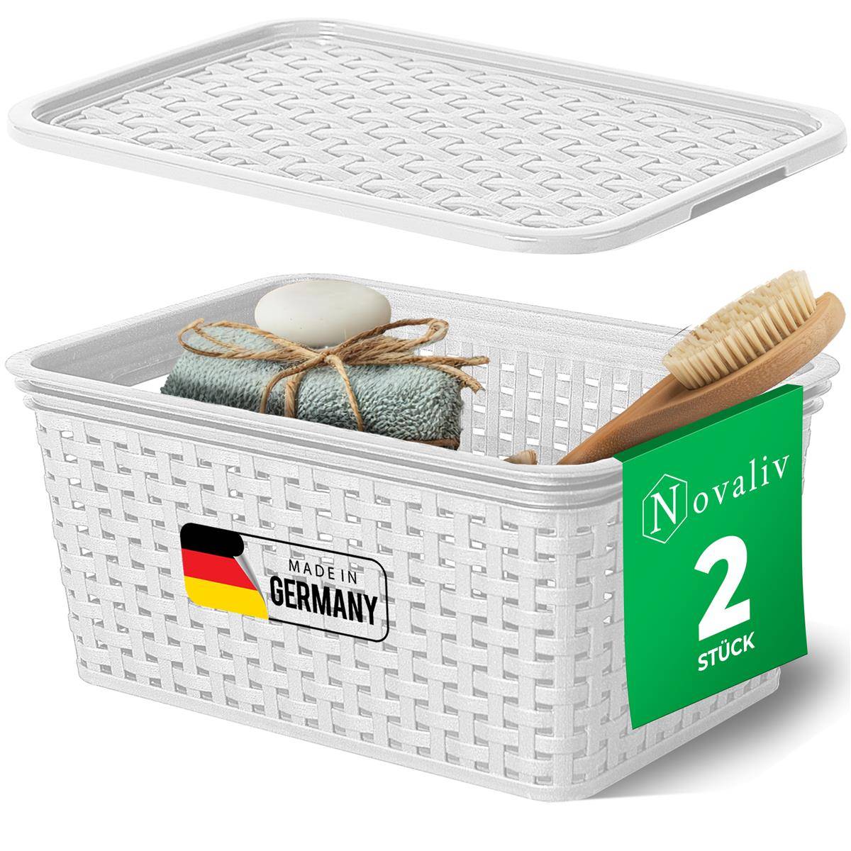 Novaliv 2er Set Eleganter Aufbewahrungskorb mit Deckel in Rattan-Optik | Weiß Lebensmittelecht Kunststoff 5L – Perfekt für Bad & Kleidungsaufbewah