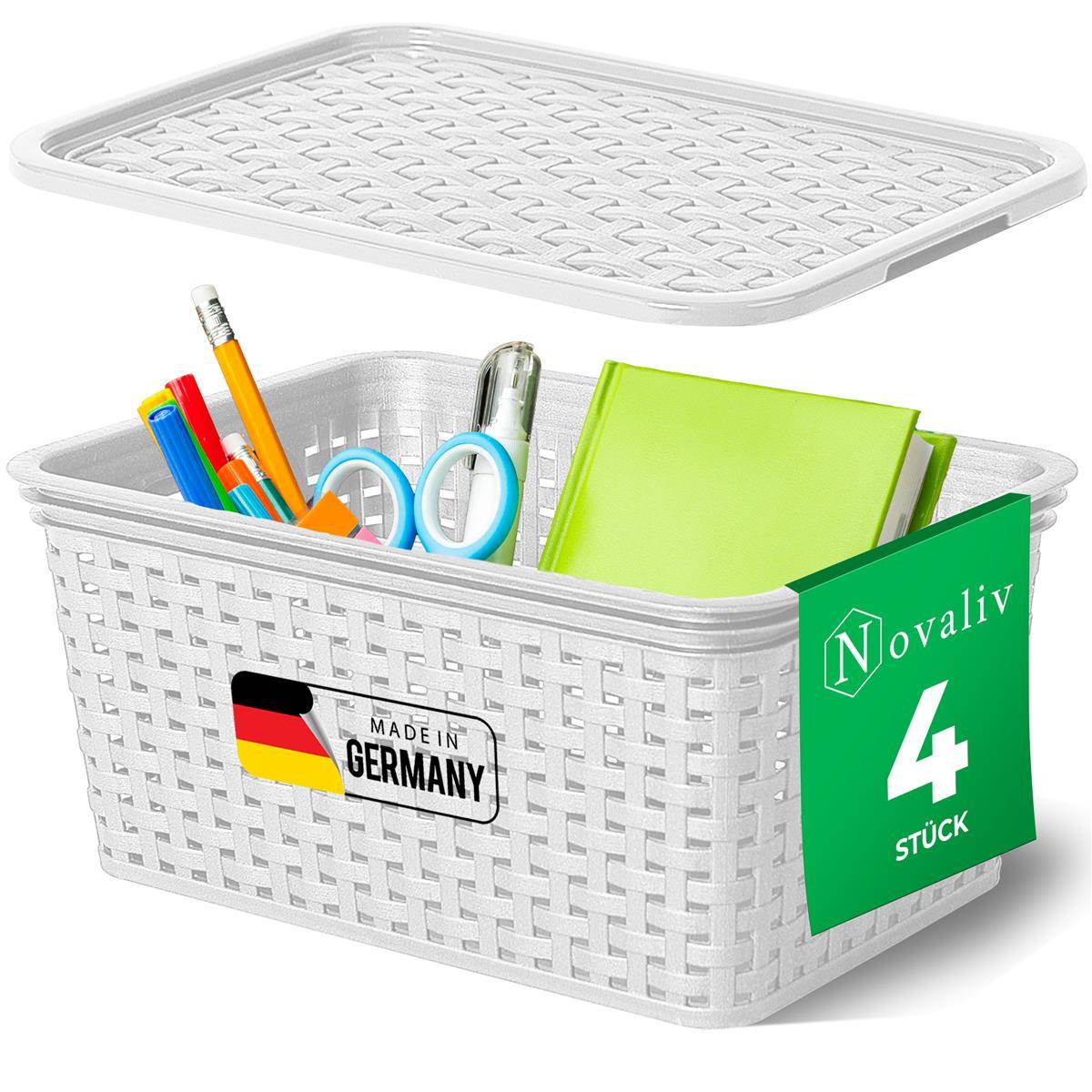 Novaliv 4er Set Elegante Aufbewahrungskörbe mit Deckel in Rattan-Optik | Weiß Lebensmittelecht Kunststoff 5L – für Büro und Zuhause. Vielseitige