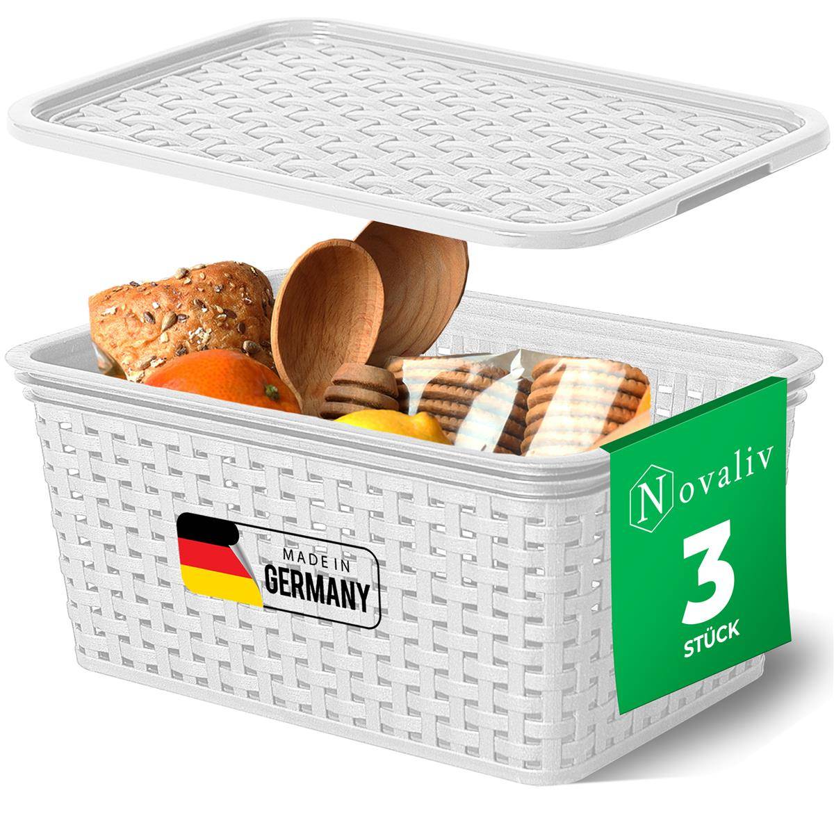Novaliv 3er Set Aufbewahrungsbox mit Deckel Küche 5L Weiß Kunststoff Rattan-Optik Küche Aufbewahrung & Organisation BPA-Freie Schrank Organizer Ord
