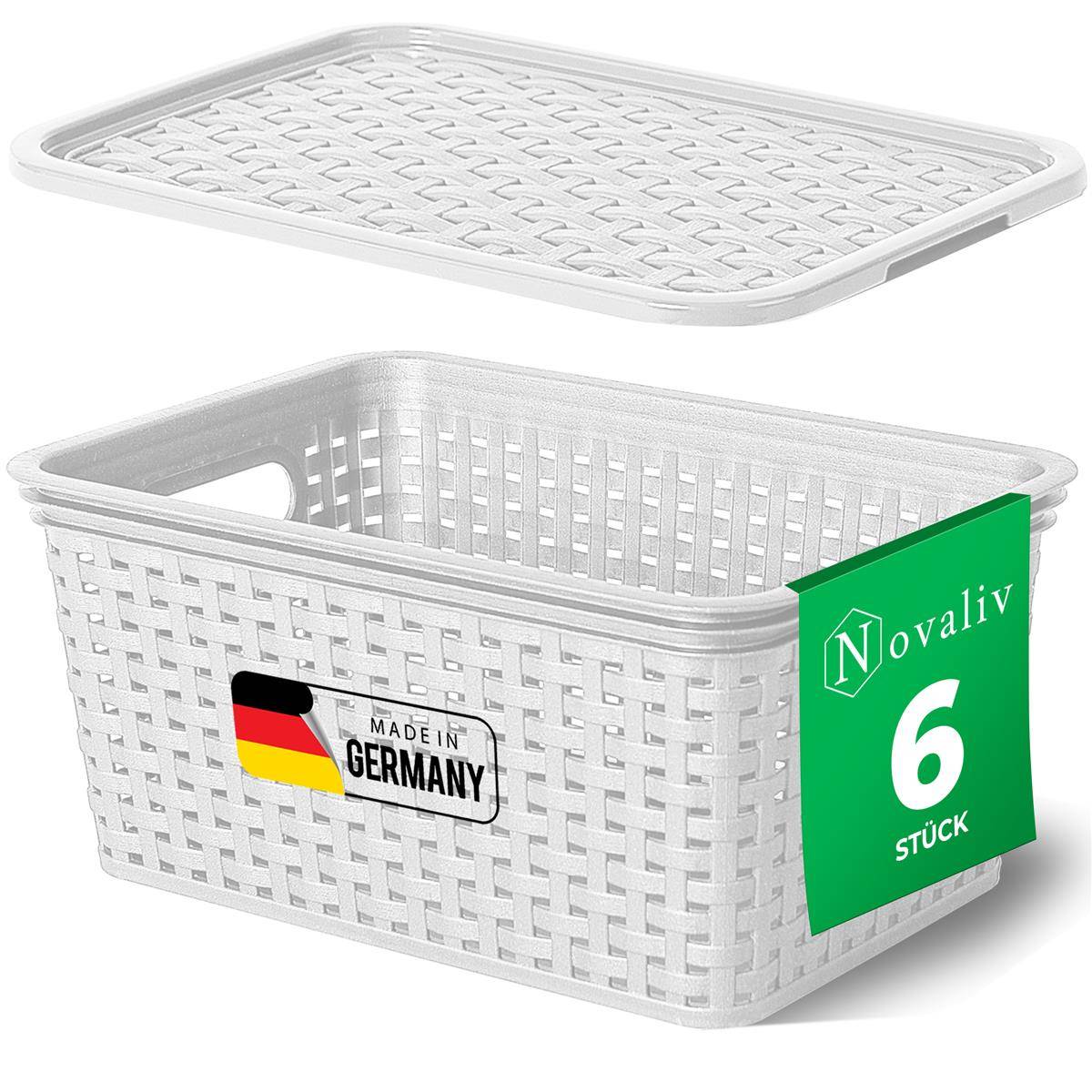 Novaliv 6er Set Aufbewahrungsboxen mit Deckel Klein 5L Korb Weiß in Rattan Design Lebensmittelecht Aufbewahrungskorb Stapelboxen Nestbar Kunststoff