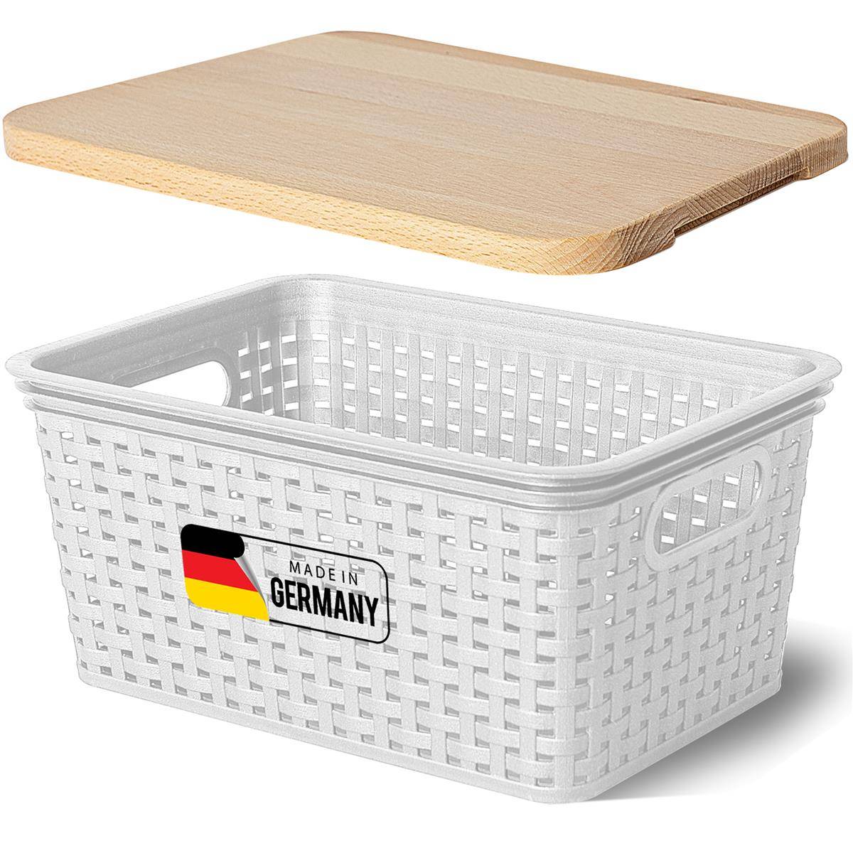 Novaliv Aufbewahrungsbox mit Holzdeckel Klein 5L Korb Weiß in Rattan Design Lebensmittelecht Aufbewahrungskorb Stapelbox Nestbar Kunststoff BPA-frei