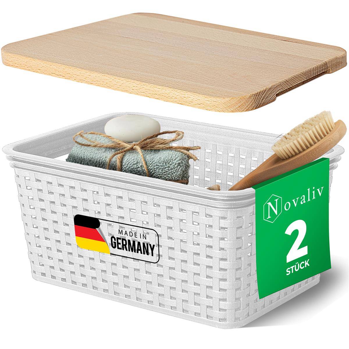 Novaliv 2er Set Eleganter Aufbewahrungskorb mit Holzdeckel in Rattan-Optik | Weiß Lebensmittelecht Kunststoff 5L – Perfekt für Bad & Kleidungsaufb