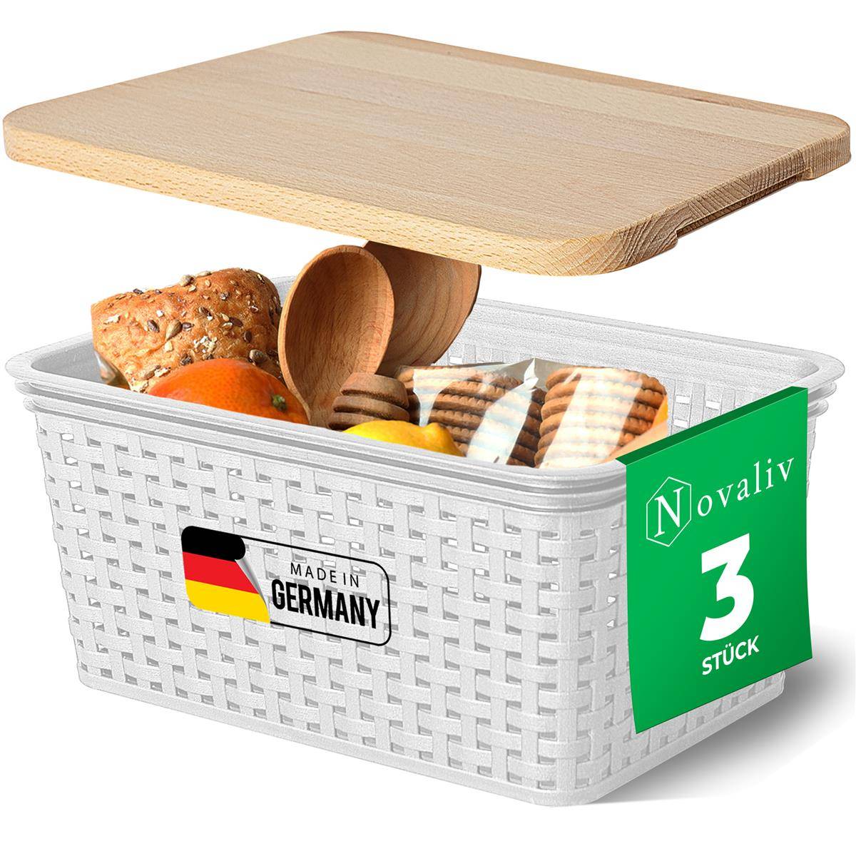 Novaliv 3er Set Aufbewahrungsbox mit Holzdeckel Küche 5L Weiß Kunststoff Rattan-Optik Küche Aufbewahrung & Organisation BPA-Freie Schrank Organizer