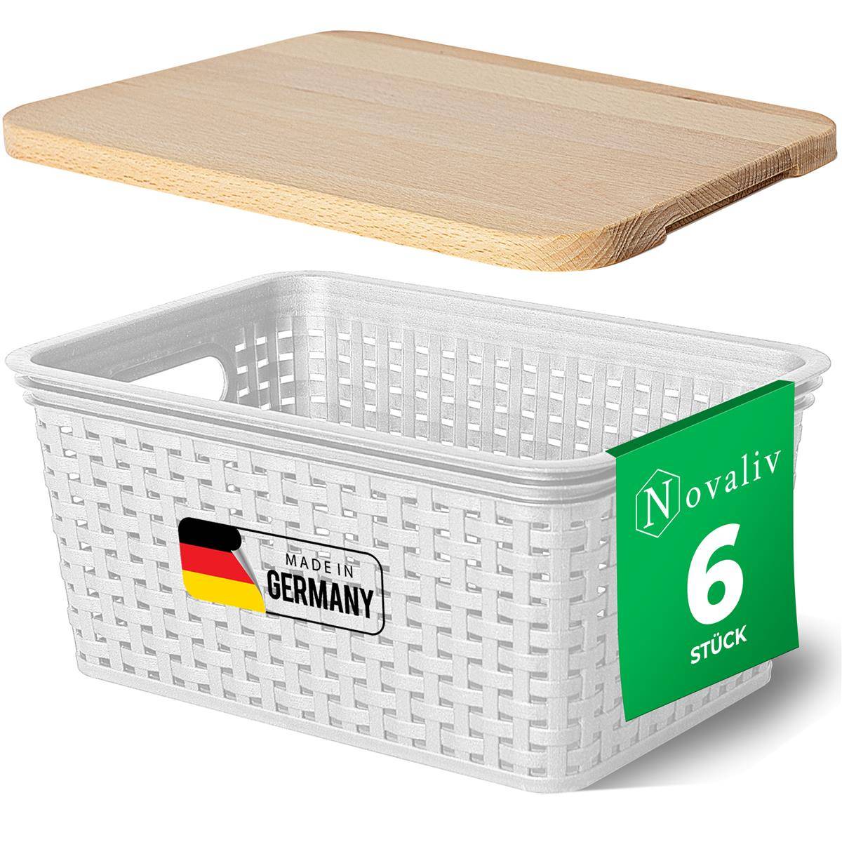 Novaliv 6er Set Aufbewahrungsboxen mit Holzdeckel Klein 5L Korb Weiß in Rattan Design Lebensmittelecht Aufbewahrungskorb Stapelboxen Nestbar