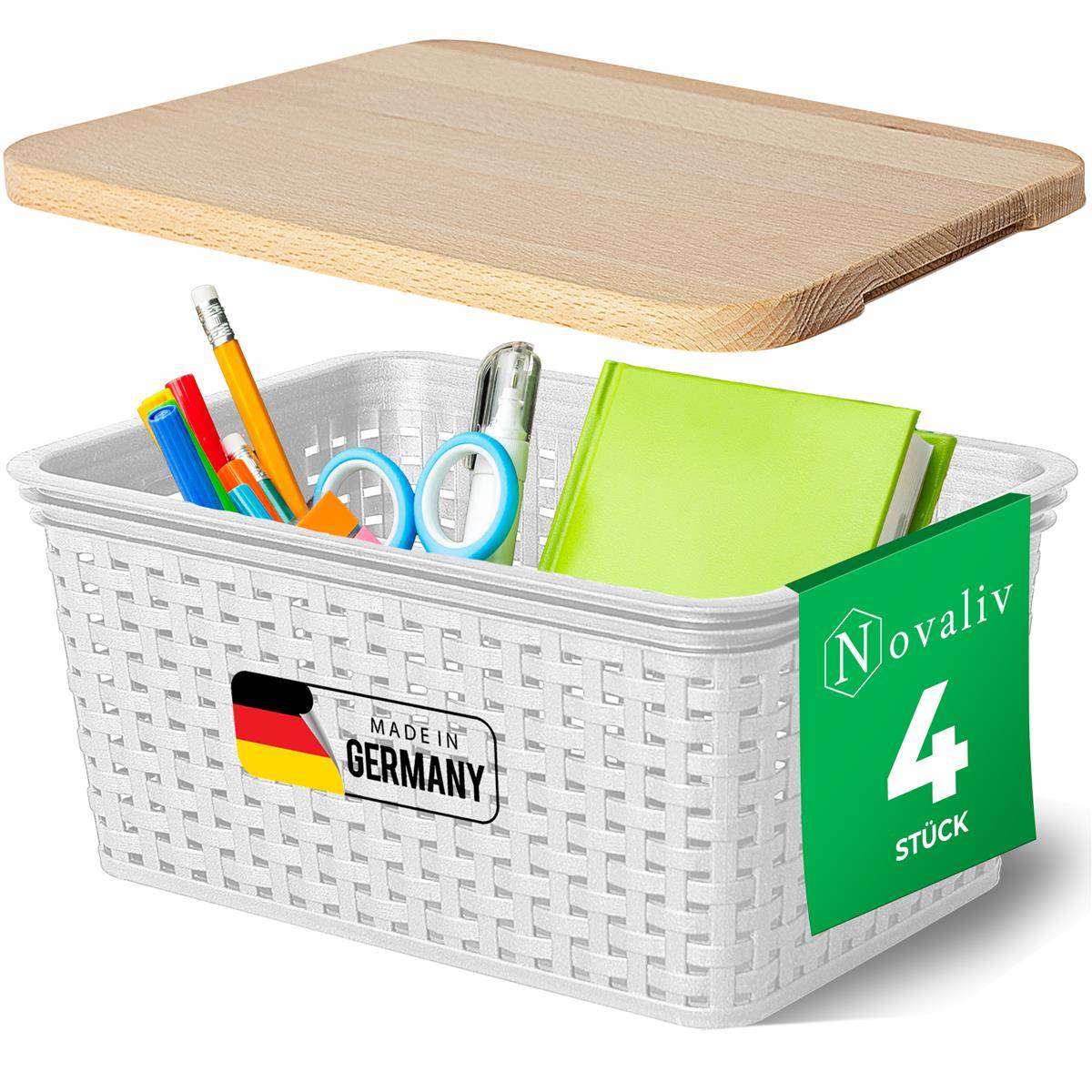 Novaliv 4er Set Elegante Aufbewahrungskörbe mit Holzdeckel Rattan-Optik | Weiß Lebensmittelecht Kunststoff 5L – für Büro und Zuhause. Vielseitig