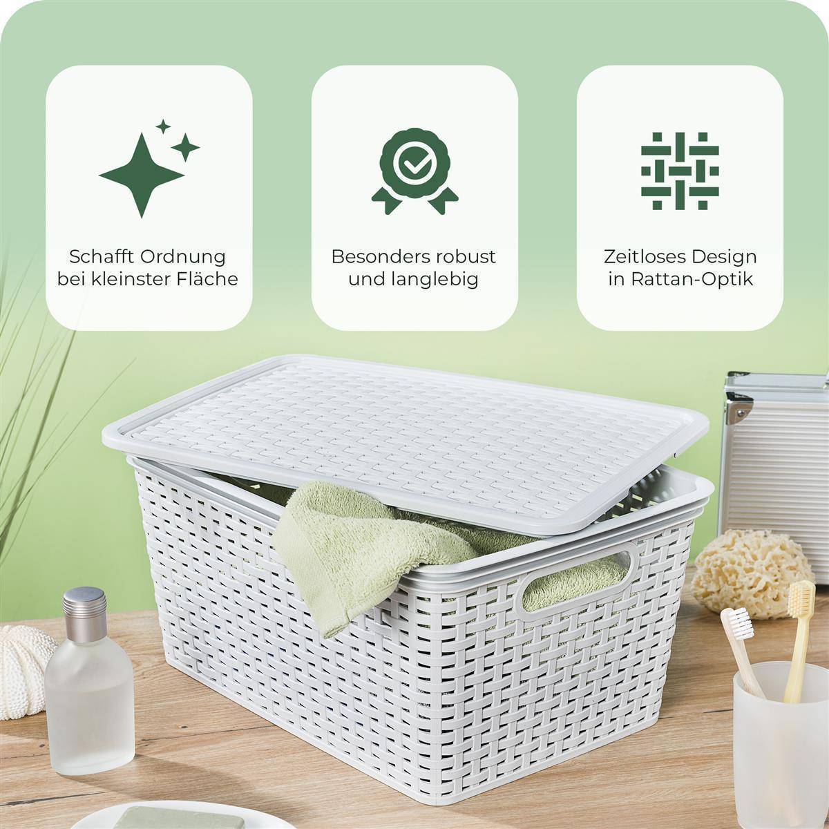 Novaliv 6er Set Aufbewahrungsboxen mit Deckel Groß 14L Korb Weiß in Rattan Design Lebensmittelecht Aufbewahrungskorb Stapelboxen Nestbar Kunststoff