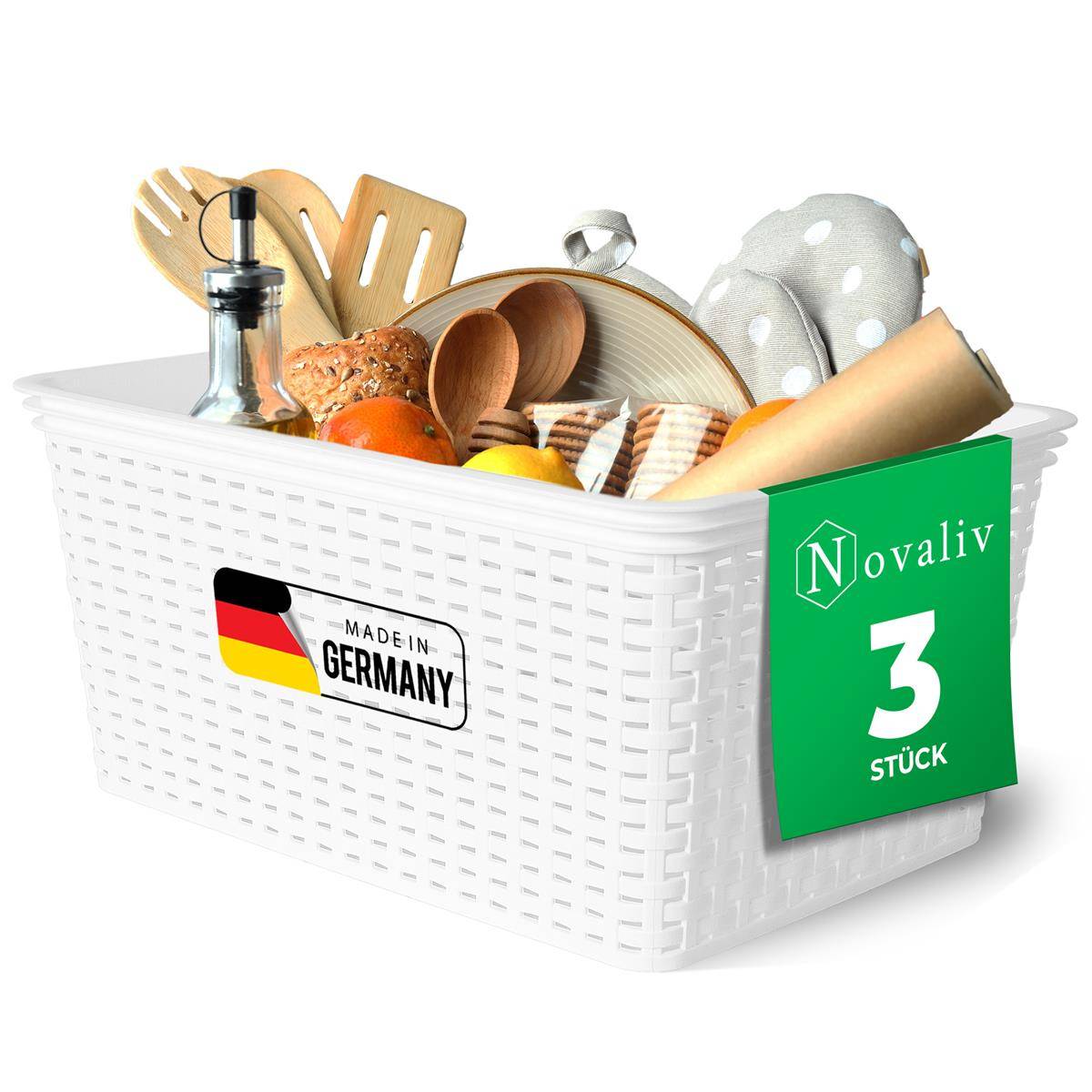 Novaliv 3er Set Lebensmittelechte Körbe Küche Aufbewahrung 14L Weiß Kunststoff Rattan-Optik Küche Aufbewahrung & Organisation BPA-Freie Lebensmitt