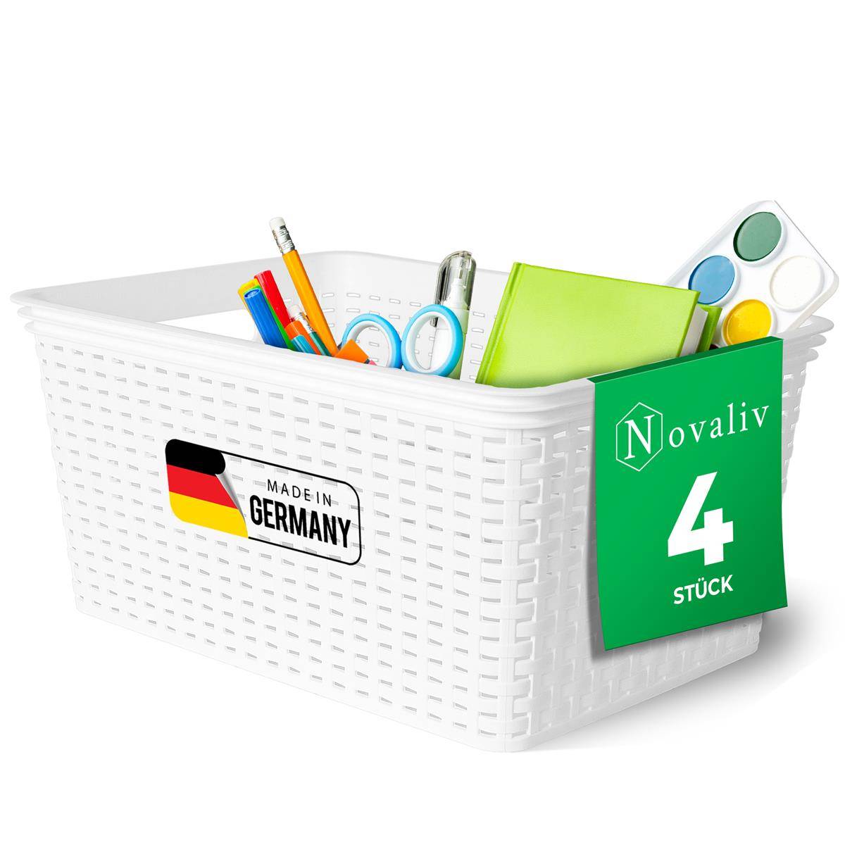 Novaliv 4 Stück Elegante Aufbewahrungskörbe in Rattan-Optik | Weiß Kunststoff 14L – für Büro und Zuhause. Vielseitige Kisten zur Aufbewahrung.