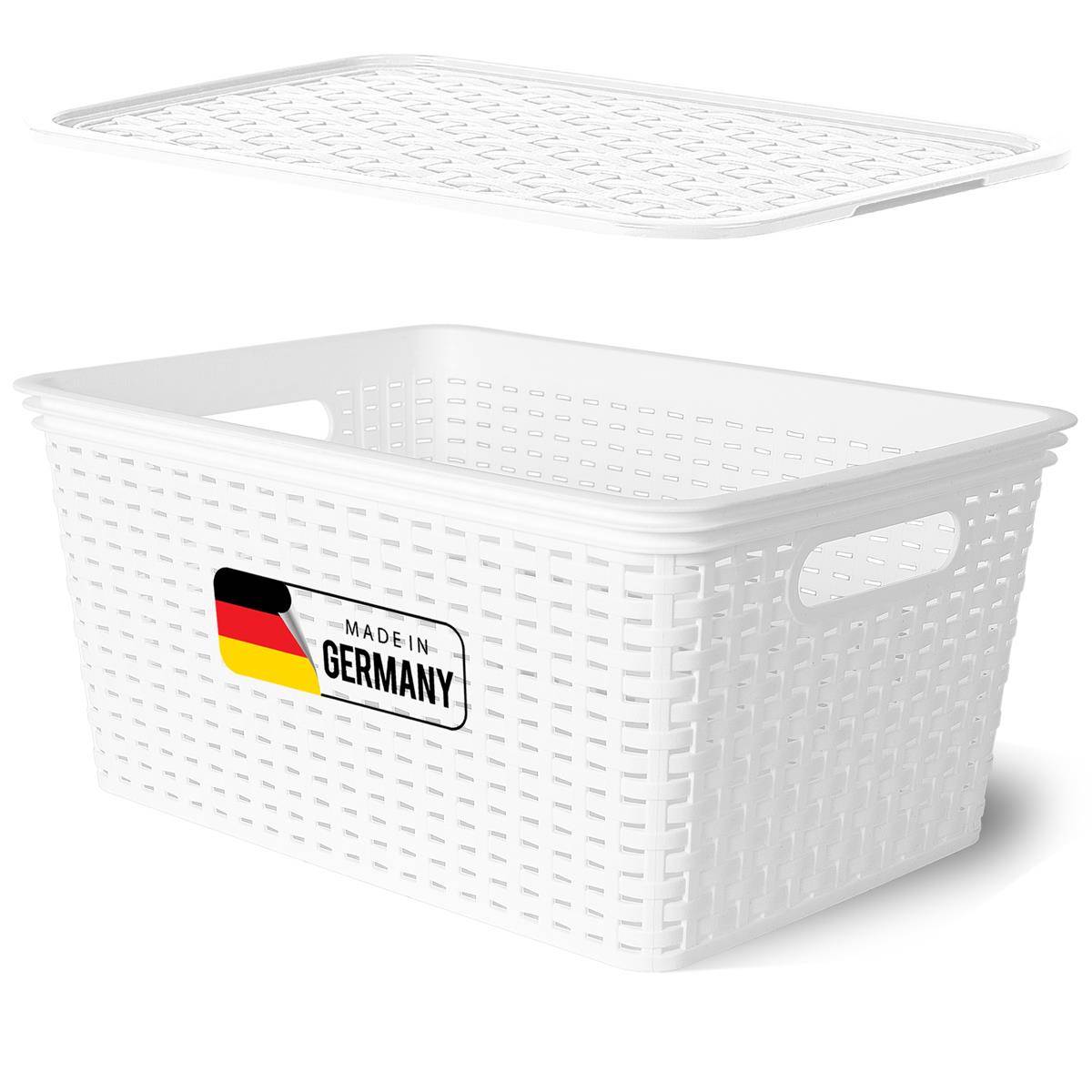 Novaliv Aufbewahrungsbox mit Deckel Groß 14L Korb Weiß in Rattan Design Lebensmittelecht Aufbewahrungskorb Stapelbox Nestbar Kunststoff BPA-frei Kis