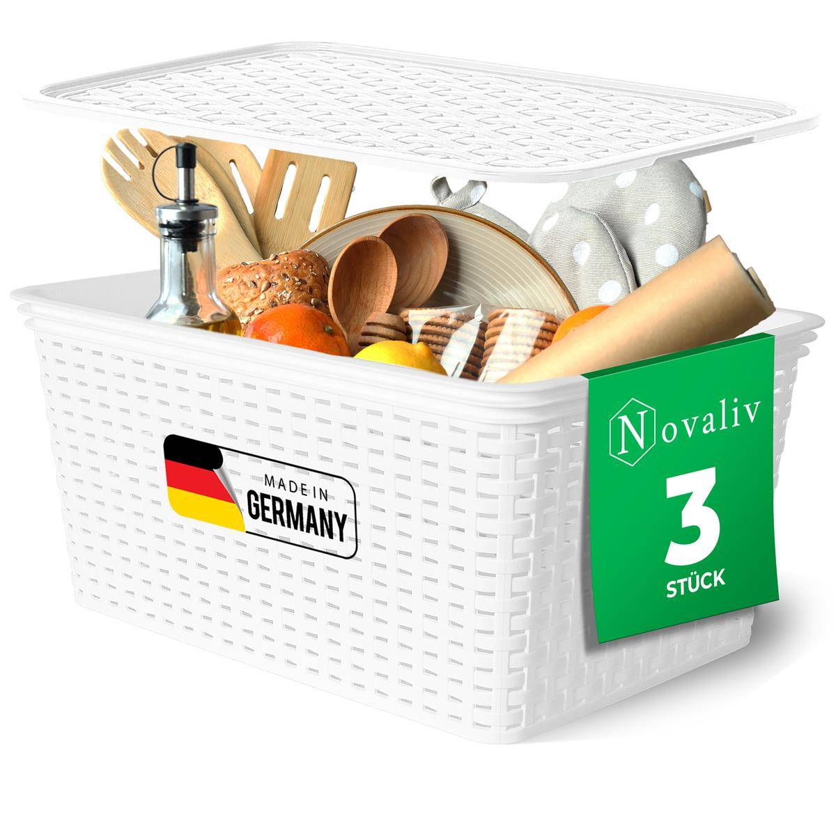Novaliv 3er Set Aufbewahrungsbox mit Deckel Küche 14L Weiß Kunststoff Rattan-Optik Küche Aufbewahrung & Organisation BPA-Freie Schrank Organizer Or