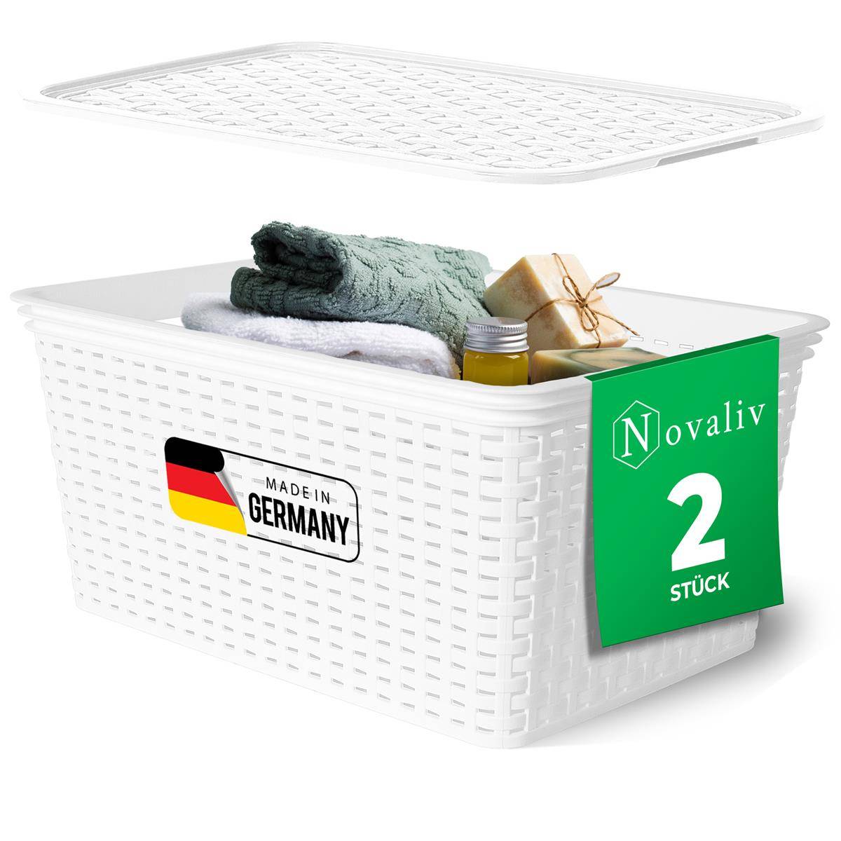 Novaliv 2er Set Eleganter Aufbewahrungskorb mit Deckel in Rattan-Optik | Weiß Lebensmittelecht Kunststoff 14L – Perfekt für Bad & Kleidungsaufbewa