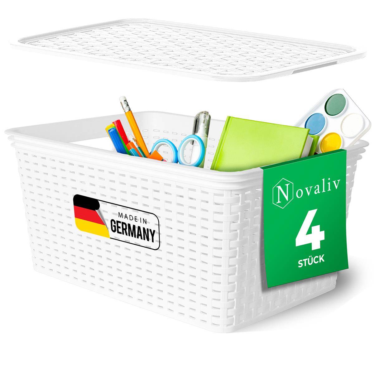 Novaliv 4er Set Elegante Aufbewahrungskörbe mit Deckel in Rattan-Optik | Weiß Lebensmittelecht Kunststoff 14L – für Büro und Zuhause. Vielseitig