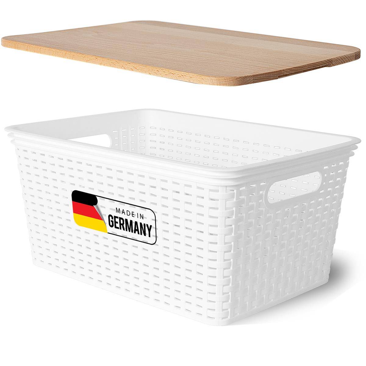 Novaliv Aufbewahrungsbox mit Holzdeckel Groß 14L Korb Weiß in Rattan Design Lebensmittelecht Aufbewahrungskorb Stapelbox Nestbar Kunststoff BPA-frei