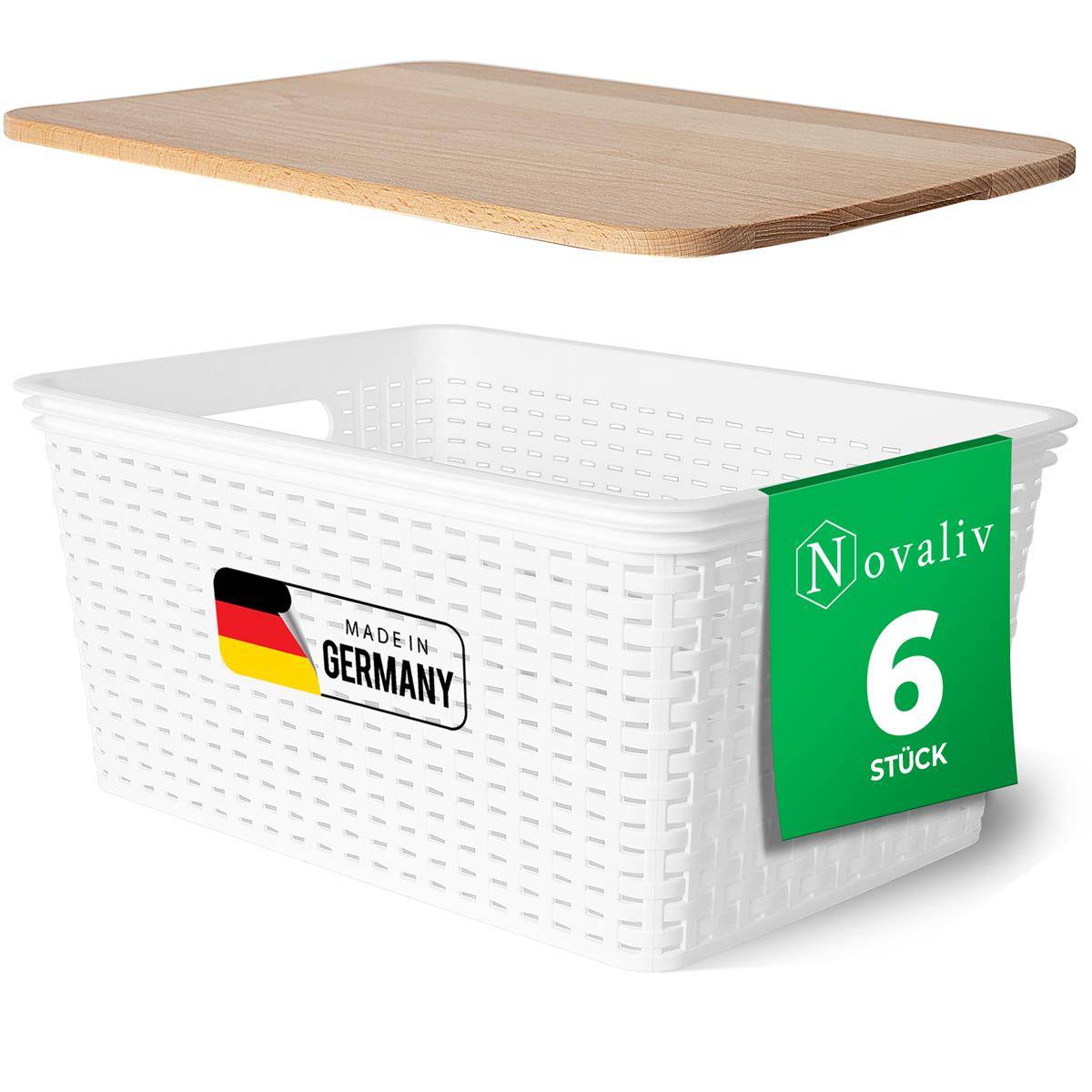 Novaliv 6er Set Aufbewahrungsboxen mit Holzdeckel Groß 14L Korb Weiß in Rattan Design Lebensmittelecht Aufbewahrungskorb Stapelboxen Nestbar Kunstst