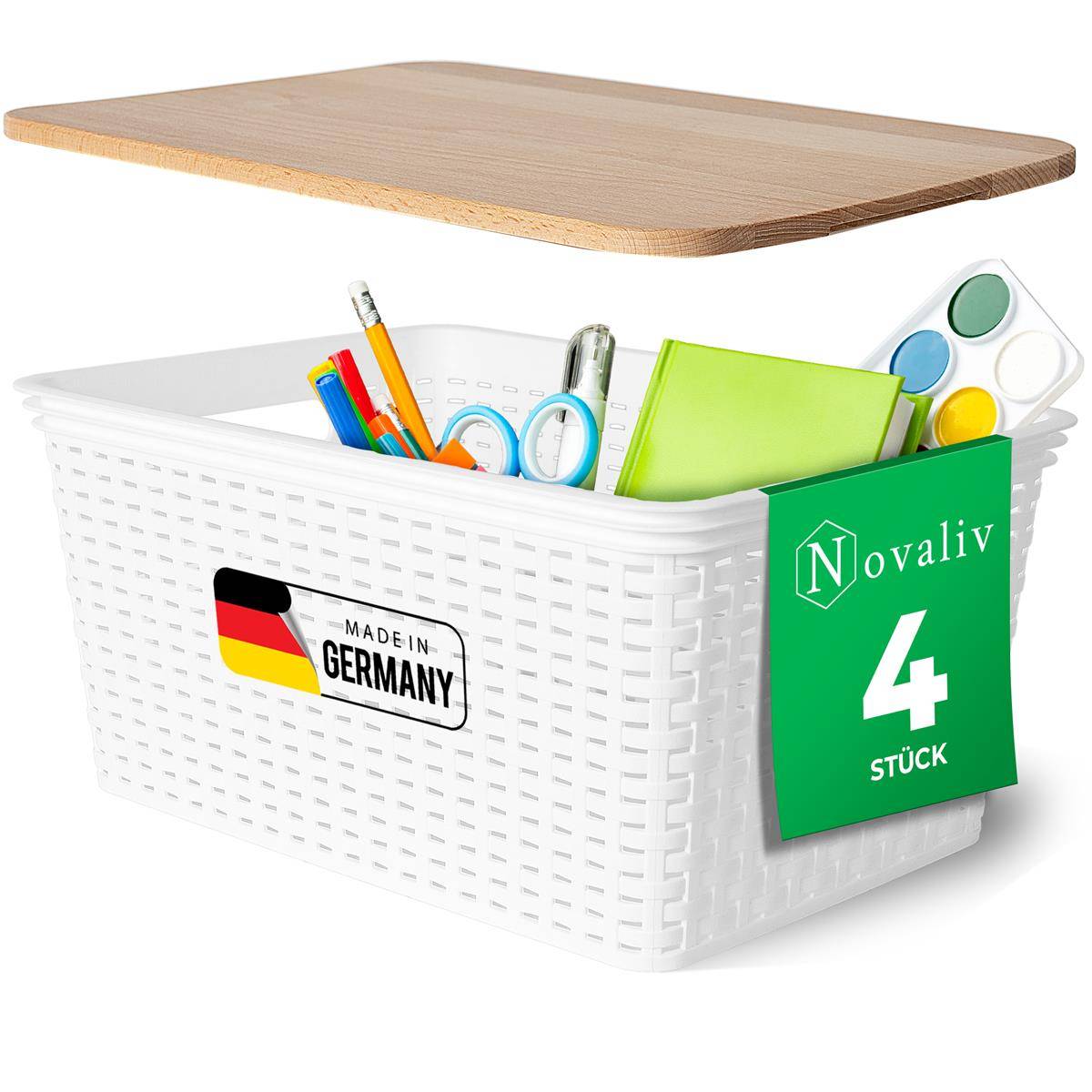 Novaliv 4er Set Elegante Aufbewahrungskörbe mit Holzdeckel Rattan-Optik | Weiß Lebensmittelecht Kunststoff 14L – für Büro und Zuhause. Vielseiti