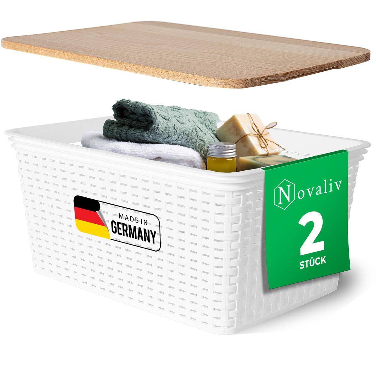 Novaliv 2er Set Eleganter Aufbewahrungskorb mit Holzdeckel in Rattan-Optik | Weiß Lebensmittelecht Kunststoff 14L – Perfekt für Bad & Kleidungsauf