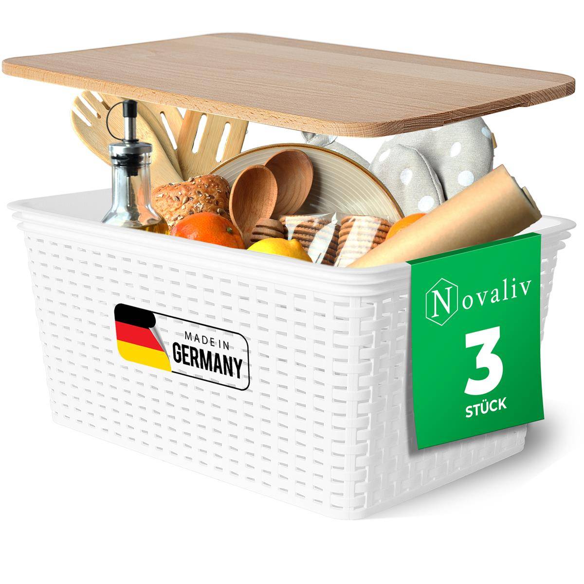 Novaliv 3er Set Aufbewahrungsbox mit Holzdeckel Küche 14L Weiß Kunststoff Rattan-Optik Küche Aufbewahrung & Organisation BPA-Freie Schrank Organize