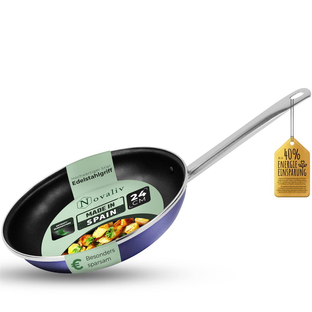 Novaliv Energiesparpfanne 24 cm Einsparung bis zu 40% - Emaillierter Stahl, Antihaft Beschichtung innen, sehr leicht zu reinigen, Blau, Pfanne für
