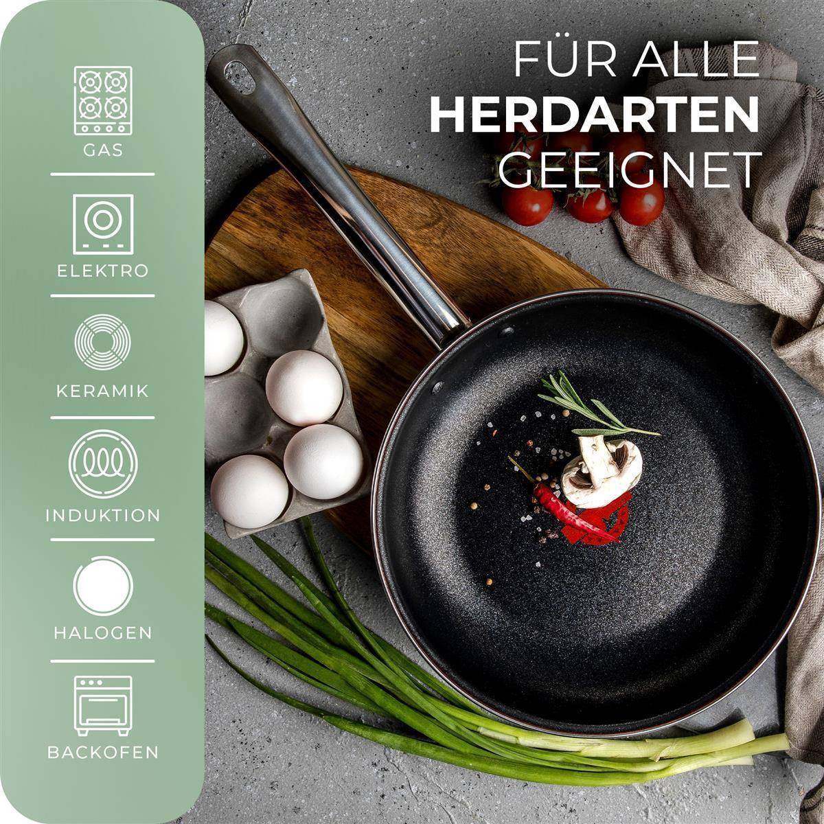 Novaliv Energiesparpfanne 24 + 28 cm Einsparung bis zu 40% Emaillierter Stahl Antihaft Beschichtung innen, sehr leicht zu reinigen, Taupe, Pfann