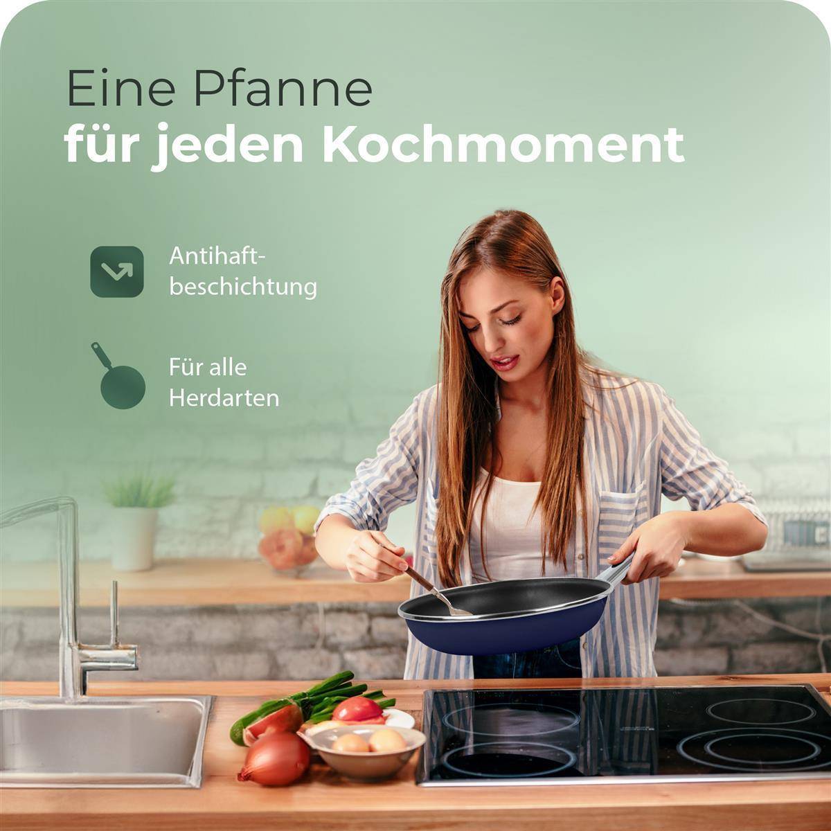 Novaliv Energiesparpfanne 24 cm Einsparung bis zu 40% - Emaillierter Stahl, Antihaft Beschichtung innen, sehr leicht zu reinigen, Blau, Pfanne für