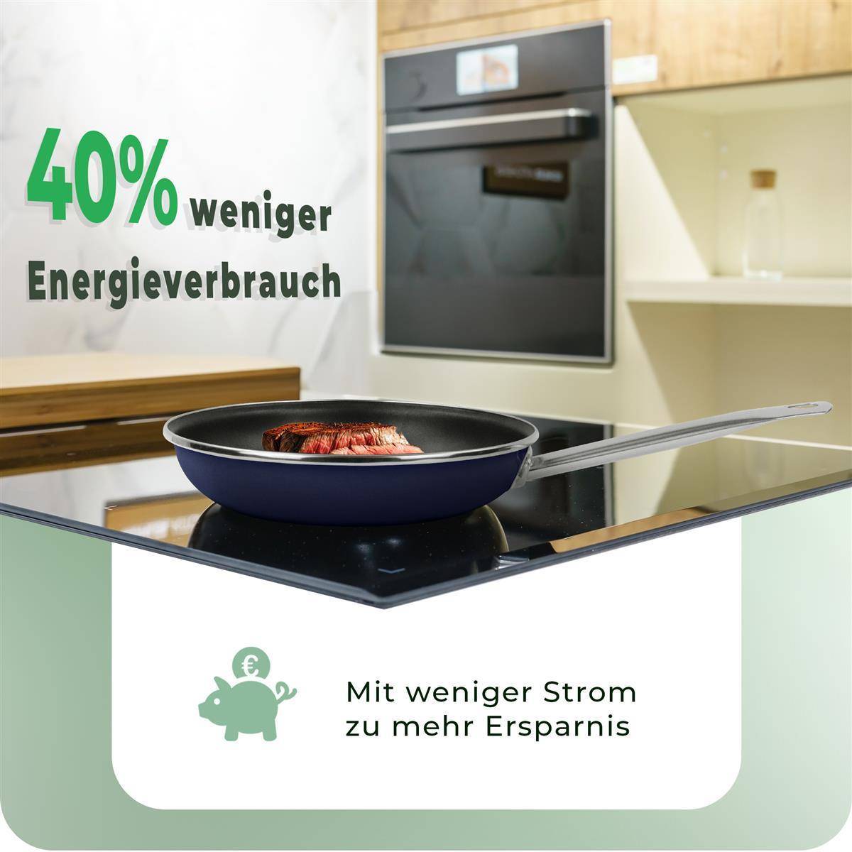 Novaliv Energiesparpfanne 24 + 28 cm Einsparung bis zu 40% Emaillierter Stahl Antihaft Beschichtung innen, sehr leicht zu reinigen, Blau, Pfanne für
