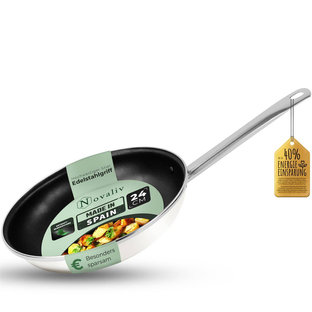 Novaliv Energiesparpfanne 24 cm Einsparung bis zu 40% - Emaillierter Stahl, Antihaft Beschichtung innen, sehr leicht zu reinigen, Creme, Pfanne für