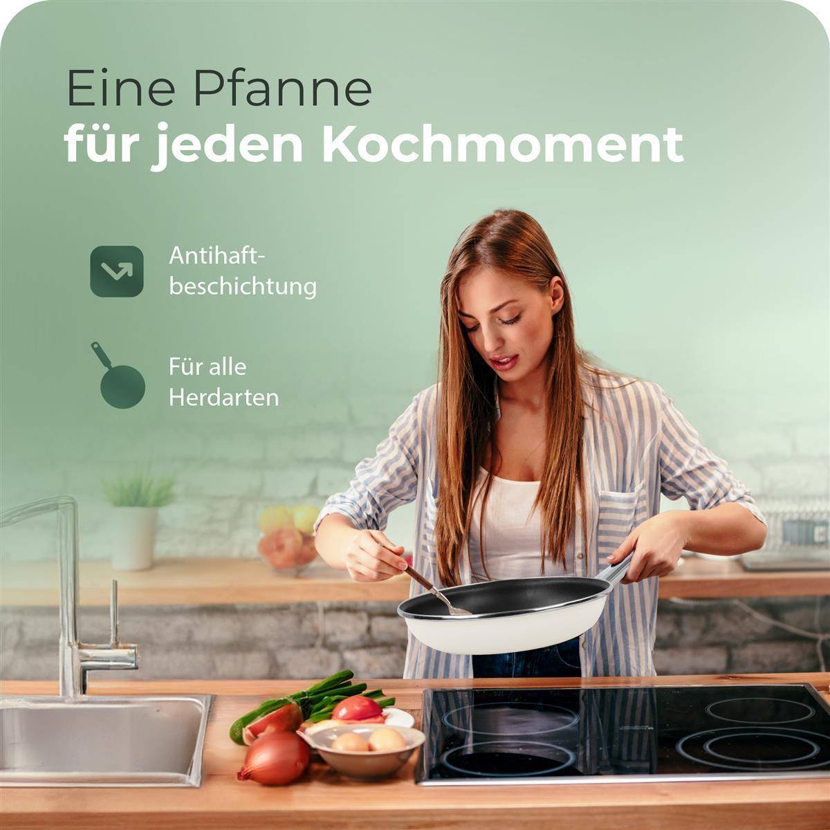 Novaliv Energiesparpfanne 24 cm Einsparung bis zu 40% - Emaillierter Stahl, Antihaft Beschichtung innen, sehr leicht zu reinigen, Creme, Pfanne für