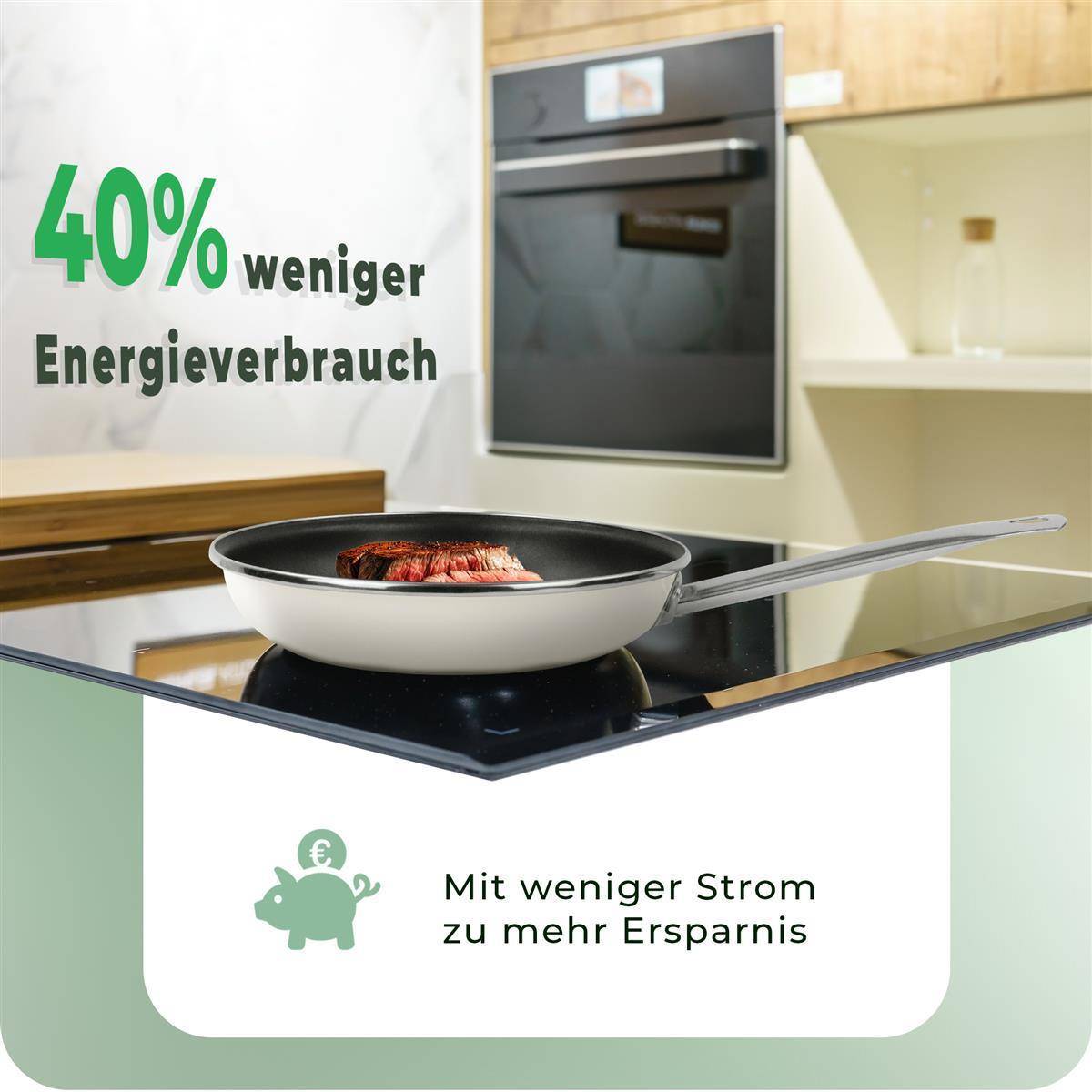 Novaliv Energiesparpfanne 24 cm Einsparung bis zu 40% - Emaillierter Stahl, Antihaft Beschichtung innen, sehr leicht zu reinigen, Creme, Pfanne für